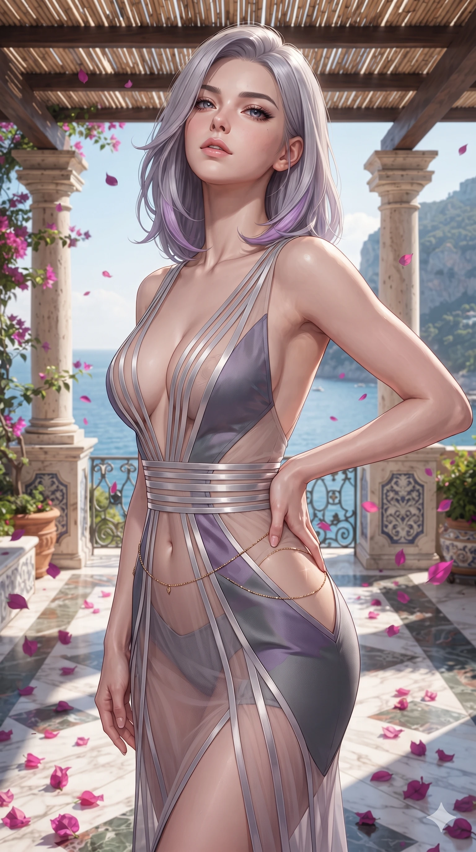 score_9, masterpiece, best quality, ultra-detailed, high-budget anime keyframe, editorial fashion photography, tasteful artistic composition, Caucasian woman. close-up cowboy shot from the waist and thighs up, the character dominates the composition, filling the frame with her large presence. tilting her chin up with proud, sovereign allure while gazing through thick eyelashes, one hand resting on her waist in pure supermodel charisma while standing poised beneath the shaded travertine pergola, twisting her slender torso in an alluring S-curve as magenta flower petals drift onto the marble floor. The surrounding environment is rendered in vivid detail and crisp panoramic clarity: detailed bespoke fashion tailoring, second-skin fit, and timeless Italian coastal architecture in high resolution. She has an exceptionally elegant, slender, and willowy female figure with an ultra-slim waist, flat toned midriff, narrow ribcage, and sculpted feminine hips creating an alluring, slim hourglass silhouette without bulk. sharp v-shaped jawline, high-bridge nose, intricate jewel-like eyes with depth, thick eyelashes, glossy parted lips with a natural sheen, intensely captivating and seductive bedroom-eyes expression, flawlessly proportioned anatomical accuracy, strict slender model proportions, natural body alignment, perfectly sculpted long slender limbs, ultra-slim waistline, clean dynamic posture without body distortion. wearing a plunge-front sheer illusion tulle slip dress with liquid platinum ribbon stripes hugging her curves in Highland heather violet and slate granite, tailored from heavy Italian silk mikado with an architectural structured drape, accented with a dainty gold belly chain resting across her flat midriff and curving hips, the precision-cut side openings and low-back scoop framing her graceful spine and the sensual sweep of her slim, toned hips. sharp directional rim lights sculpting her sculpted collarbones, ultra-slim waist, and curvy hips. ultra-reflective glossy finish, specular highlights, rich textural contrasts, high-contrast stereoscopic depth, volumetric dynamic lighting, 2k, ultra detail, master piece, 9:16 ratio