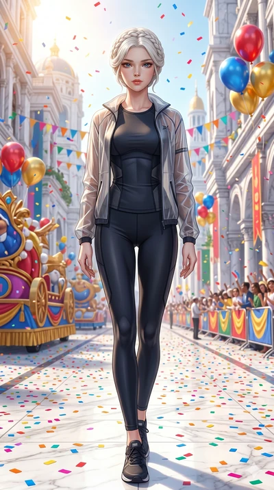score_9, masterpiece, best quality, ultra-detailed, Set A: Photorealistic 8k CG, Japanese woman. Low angle cowboy shot filling the entire 9:16 frame with her statuesque presence. Standing in a rain of colorful confetti on a grand parade in a white ma
