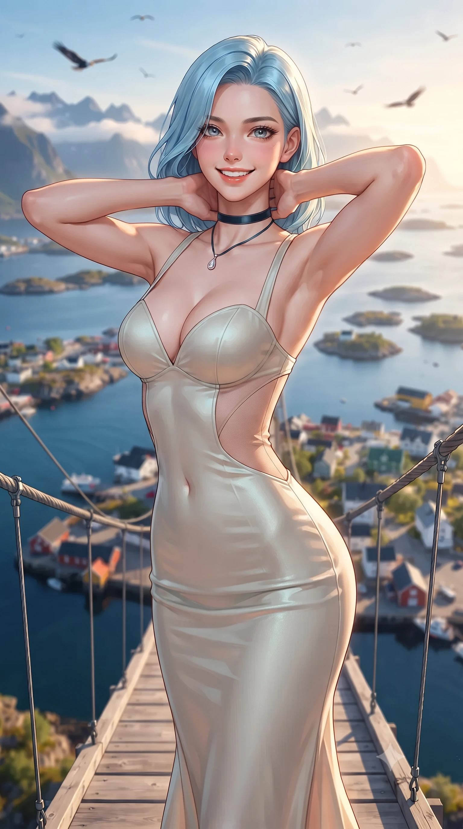 score_9, masterpiece, best quality, ultra-detailed, high-budget anime keyframe, editorial fashion photography, tasteful artistic composition, Korean woman. close-up cowboy shot from the waist and thighs up, the character dominates the composition, filling the frame with her large presence. resting both hands lightly behind her neck with elbows raised, arching her spine to highlight her narrow waist, flat midriff, and breathtaking collarbones while standing poised on the suspended structural timber walkway high above the harbor town of Svolvær, arching her back with high-fashion ease as sea eagles soar overhead. The background shows a soft-focus hundreds of rocky skerries and islands dotted across the blue Norwegian Sea, colorful roofs of Svolvær, and distant mountain chains blurred into cobalt, topaz, and rose bokeh. She has an exceptionally elegant, slender, and willowy female figure with an ultra-slim waist, flat toned midriff, narrow ribcage, and sculpted feminine hips creating an alluring, slim hourglass silhouette without bulk. sharp v-shaped jawline, high-bridge nose, intricate jewel-like sparkling eyes with depth, thick eyelashes, glossy parted lips with a natural peach sheen, bright cheerful beaming smile with an enchanting and coquettish sensual glint, exuding both youthful cute charm and seductive allure, flawlessly proportioned anatomical accuracy, strict slender model proportions, natural body alignment, perfectly sculpted long slender limbs, ultra-slim waistline, clean dynamic posture without body distortion. wearing an alluring plunging sweetheart bustier dress with sheer mesh side-waist cutouts contouring her ribs in Deauville Belle Époque champagne luster and seafoam pearl, made of fluid liquid jersey with seamless sculpting hold and smooth contours, finished with a thin velvet ribbon choker and a single teardrop diamond pendant, the impeccably tailored cut draping gracefully along her slender figure with aristocratic poise. bathed in the brilliant golden 2800K low-angle midnight sun light washing horizontally across the peaks. ultra-reflective glossy finish, specular highlights, rich textural contrasts, high-contrast stereoscopic depth, volumetric dynamic lighting, 2k, ultra detail, master piece, 9:16 ratio
