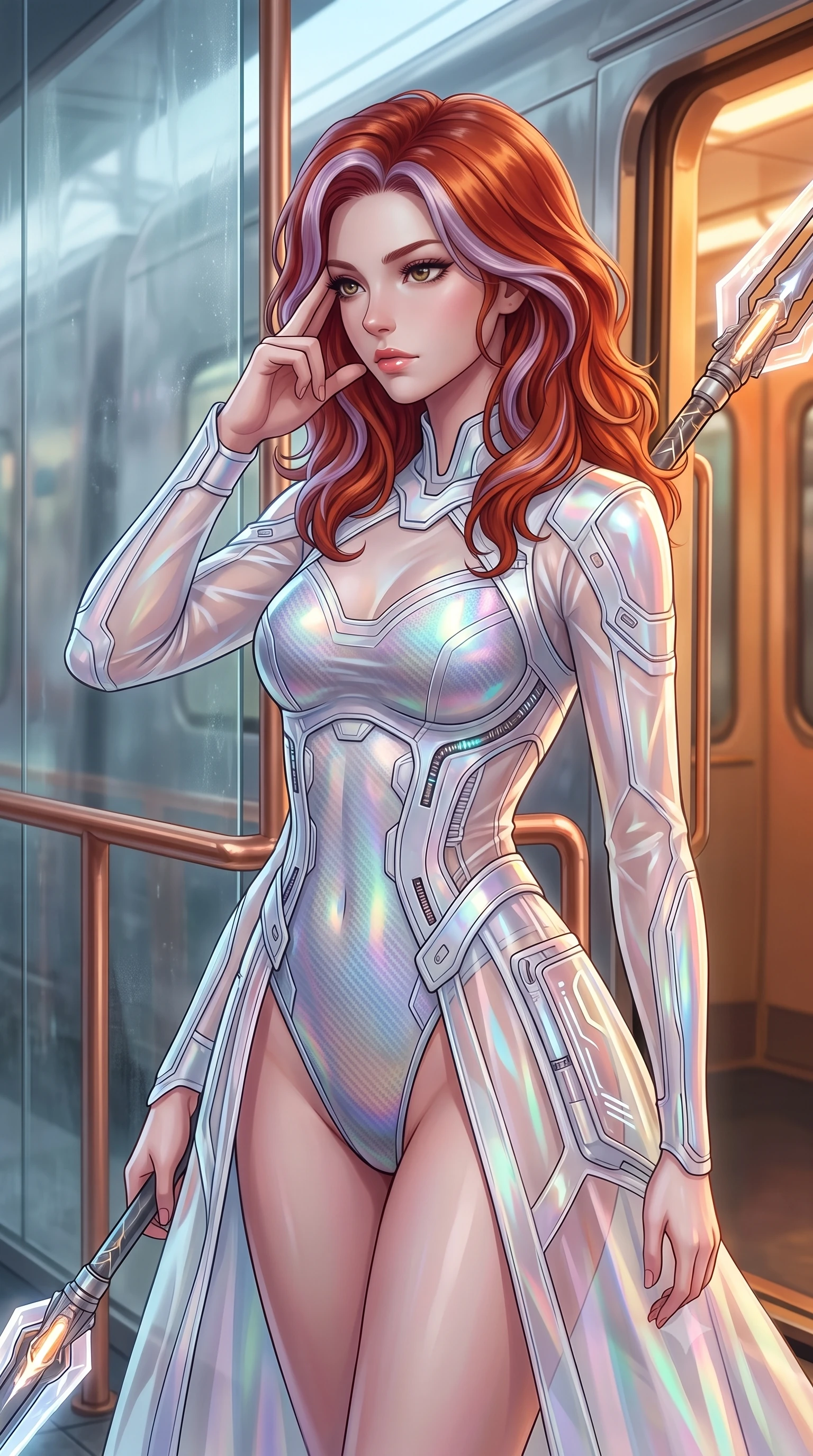 score_9, masterpiece, best quality, ultra-detailed, high-budget anime keyframe, editorial fashion photography, tasteful artistic composition, Caucasian woman. close-up cowboy shot from the waist and thighs up, the character dominates the composition, filling the frame with her large presence, background elements kept in soft focus. pressing two fingers to her temple while holding a light-spear diagonally behind her in a composed thoughtful gesture, the background shows a soft-focus a train platform vestibule with copper handrails and misty glass panels. She has an exceptionally elegant, slender, and willowy female figure with an ultra-slim waist, a gracefully sculpted slender torso, and a refined silhouette. sharp v-shaped jawline, high-bridge nose, intricate jewel-like eyes with depth, thick eyelashes, glossy lips with a natural sheen. wearing a tailored sheer white holographic organza combat gown worn over a high-cut carbon-fiber leotard. cool ambient daylight contrasting with warm amber light from train cabin. highly saturated vibrant anime colors, detailed shading with soft gradients, rich glossy textures, high-contrast stereoscopic depth, volumetric dynamic lighting, master piece, 9:16 ratio