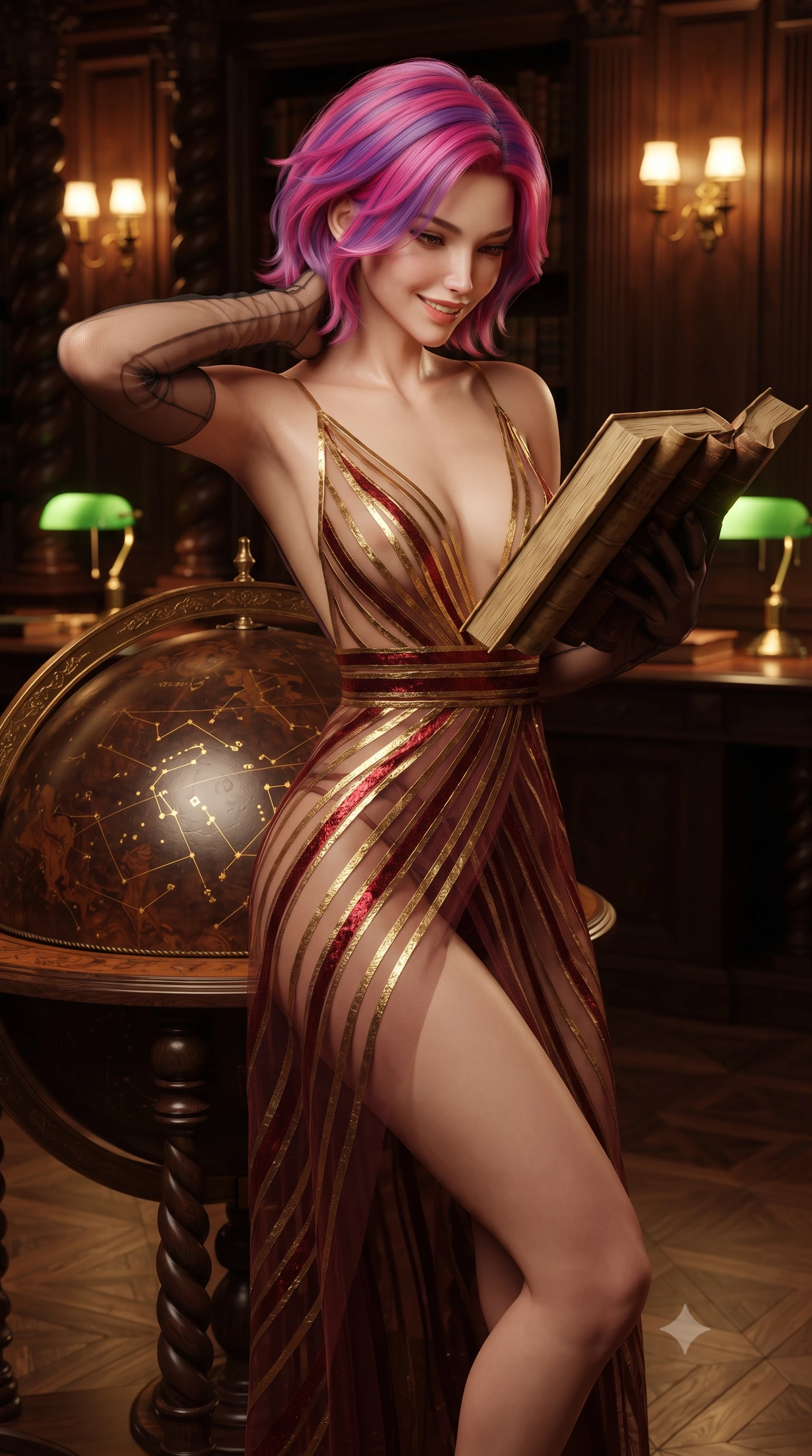 score_9, masterpiece, best quality, ultra-detailed, high-budget anime keyframe, editorial fashion photography, tasteful artistic composition, Caucasian woman. close-up cowboy shot from the waist and thighs up, the character dominates the composition, filling the frame with her large presence. resting both hands lightly behind her neck with elbows raised, arching her spine to highlight her narrow waist, flat midriff, and breathtaking collarbones while leaning against the antique mahogany terrestrial globe stand with hips cocked back, looking through aged calfskin vellum rows with smoldering bedroom-eyes. The surrounding environment is rendered in vivid detail and crisp panoramic clarity: sharp hand-carved dark oak column spirals, gilded celestial globe constellation etchings, and antique parquet flooring in deep focus. She has an exceptionally elegant, slender, and willowy female figure with an ultra-slim waist, flat toned midriff, narrow ribcage, and sculpted feminine hips creating an alluring, slim hourglass silhouette without bulk. sharp v-shaped jawline, high-bridge nose, intricate jewel-like sparkling eyes with depth, thick eyelashes, glossy parted lips with a natural peach sheen, bright cheerful beaming smile with an enchanting and coquettish sensual glint, exuding both youthful cute charm and seductive allure, flawlessly proportioned anatomical accuracy, strict slender model proportions, natural body alignment, perfectly sculpted long slender limbs, ultra-slim waistline, clean dynamic posture without body distortion. wearing a plunge-front sheer illusion tulle slip dress with liquid gold ribbon stripes hugging her curves in Bohemian Prague garnet ruby and antique 24k gold leaf, crafted from stretch micro-mesh with liquid foil coating that shimmers with every movement, complemented by sheer opera-length evening gloves tracing her slender arms, the high-slit wrap tailoring accentuating her ultra-slim waistline and the enchanting curve of her feminine hips with alluring seductive charm. bathed in the warm, cozy 2400K illumination of green banker lamps and brass wall sconces dimmed to an intimate evening study glow. ultra-reflective glossy finish, specular highlights, rich textural contrasts, high-contrast stereoscopic depth, volumetric dynamic lighting, 2k, ultra detail, master piece, 9:16 ratio