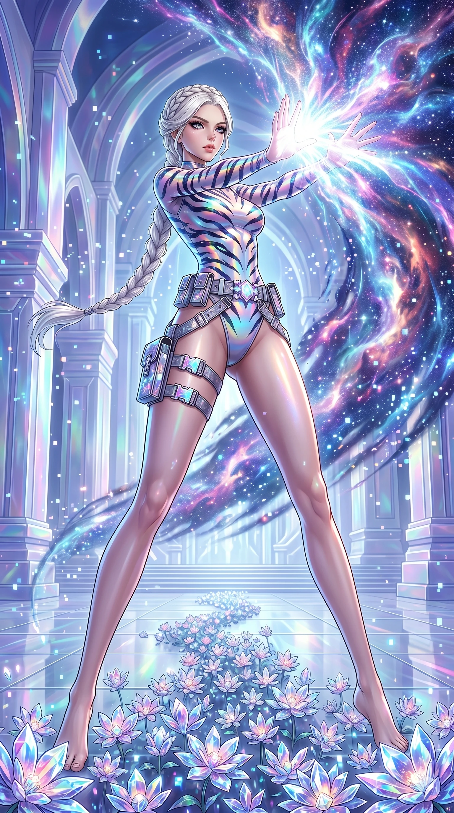 score_9, masterpiece, best quality, ultra-detailed, Set A: High-budget Anime Keyframe, Caucasian (human ears) woman. Low angle cowboy shot filling the entire 9:16 frame with her statuesque presence. Theme: Abstract Cosmic. unleashing a massive energy wave in a temple made of solid light, while she leaves a trail of 246 blooming crystal flowers. The atmosphere is filled with a blizzard of digital pixels. She has an absolutely perfect 8-heads proportion, an exceptionally tall and slender female figure with impossibly long slender legs and an ultra-slim waist. Sharp v-shaped jawline, high-bridge nose, intricate jewel-like eyes with depth, glossy lips. Wearing Holographic tiger-stripe bodysuit with a high-cut leg line and tactical belts. Cinematic lighting, vivid colors, dramatic shadows, 2k, ultra detail, master piece, 9:16 ratio