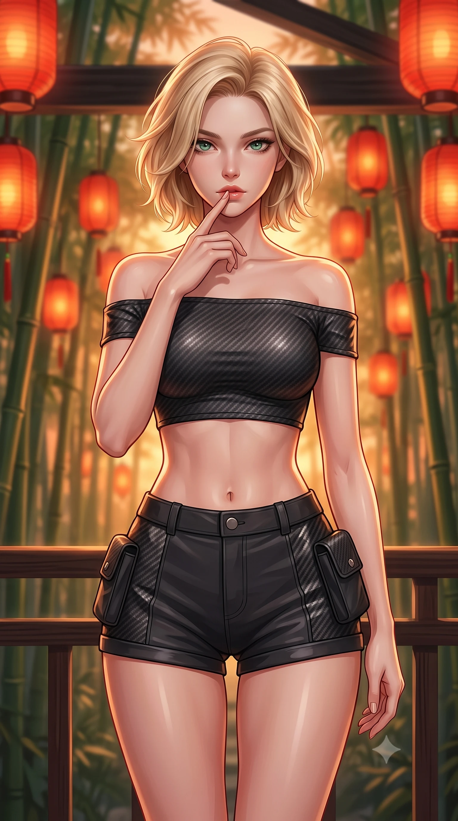 score_9, masterpiece, best quality, ultra-detailed, high-budget anime keyframe, editorial fashion photography, tasteful artistic composition, Caucasian woman. close-up cowboy shot from the waist and thighs up, the character dominates the composition, filling the frame with her large presence, background elements kept in soft focus. pressing one finger to her bottom lip in a thoughtful, composed gesture, locking eyes with the viewer, the background shows a soft-focus a bamboo forest balcony with red lanterns hanging from carbon beams. She has an exceptionally elegant, slender, and willowy female figure with an ultra-slim waist, a gracefully sculpted slender torso, and a refined silhouette. sharp v-shaped jawline, high-bridge nose, intricate jewel-like eyes with depth, thick eyelashes, glossy lips with a natural sheen. wearing a form-contouring chic off-shoulder carbon-plate crop top, paired with high-waisted utility micro-shorts. warm sunset light casting a peaceful, cozy orange wash on her figure. highly saturated vibrant anime colors, detailed shading with soft gradients, rich glossy textures, high-contrast stereoscopic depth, volumetric dynamic lighting, master piece, 9:16 ratio