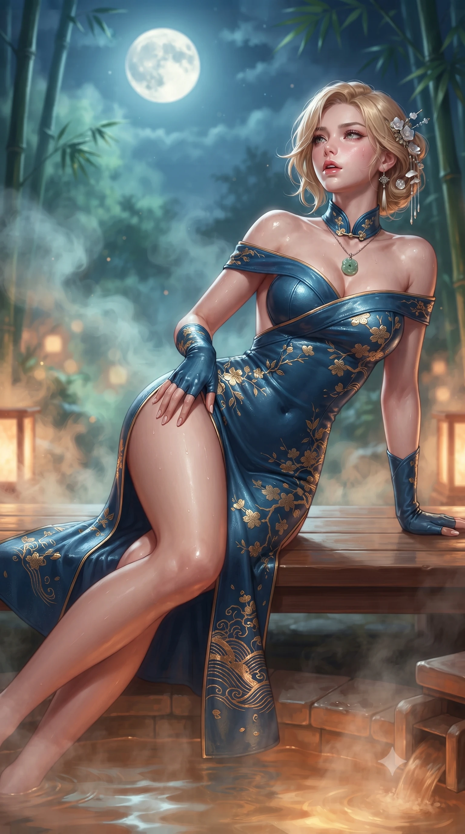 score_9, masterpiece, best quality, ultra-detailed, high-budget anime keyframe, editorial fashion photography, tasteful artistic composition, Caucasian woman. close-up cowboy shot from the waist and thighs up, the character dominates the composition, filling the frame with her large presence. resting one manicured hand delicately on her hip bone, her upper body turning in a fluid, seductive S-curve while parted lips glisten in the light while reclining on the cedar bench with legs extended toward the warm water, head tilted back toward the full moon with smoldering bedroom-eyes. The composition keeps background elements in soft focus with creamy bokeh. swirling thermal steam vapors and rustling bamboo stalks blurred into cool cerulean, soft jade-green, and warm amber bokeh. She has an exceptionally elegant, slender, and willowy female figure with an ultra-slim waist, a gracefully sculpted slender torso, toned flat midriff, and rounded feminine hips creating an alluring hourglass silhouette. sharp v-shaped jawline, high-bridge nose, intricate jewel-like eyes with depth, thick eyelashes, glossy parted lips with a natural sheen, intensely captivating and seductive bedroom-eyes expression, flawlessly proportioned anatomical accuracy, strict slender model proportions, natural body alignment, perfectly sculpted long slender limbs, ultra-slim waistline, clean dynamic posture without body distortion. wearing a backless off-shoulder silk kimono gown with fluttering drapes and an ultra-high side slit in deep azure blue and gold leaf embroidery, crafted from supple second-skin lambskin leather with specular wet sheen, accented with mother-of-pearl hair ornaments and a carved jade pendant, the glove-like aerodynamic silhouette tightly following the natural contour of her hips and long slender legs with statuesque precision. illuminated by wet specular highlights accentuating her slender neckline, sculpted waist, and rounded hips. ultra-reflective glossy finish, specular highlights, rich textural contrasts, high-contrast stereoscopic depth, volumetric dynamic lighting, 2k, ultra detail, master piece, 9:16 ratio