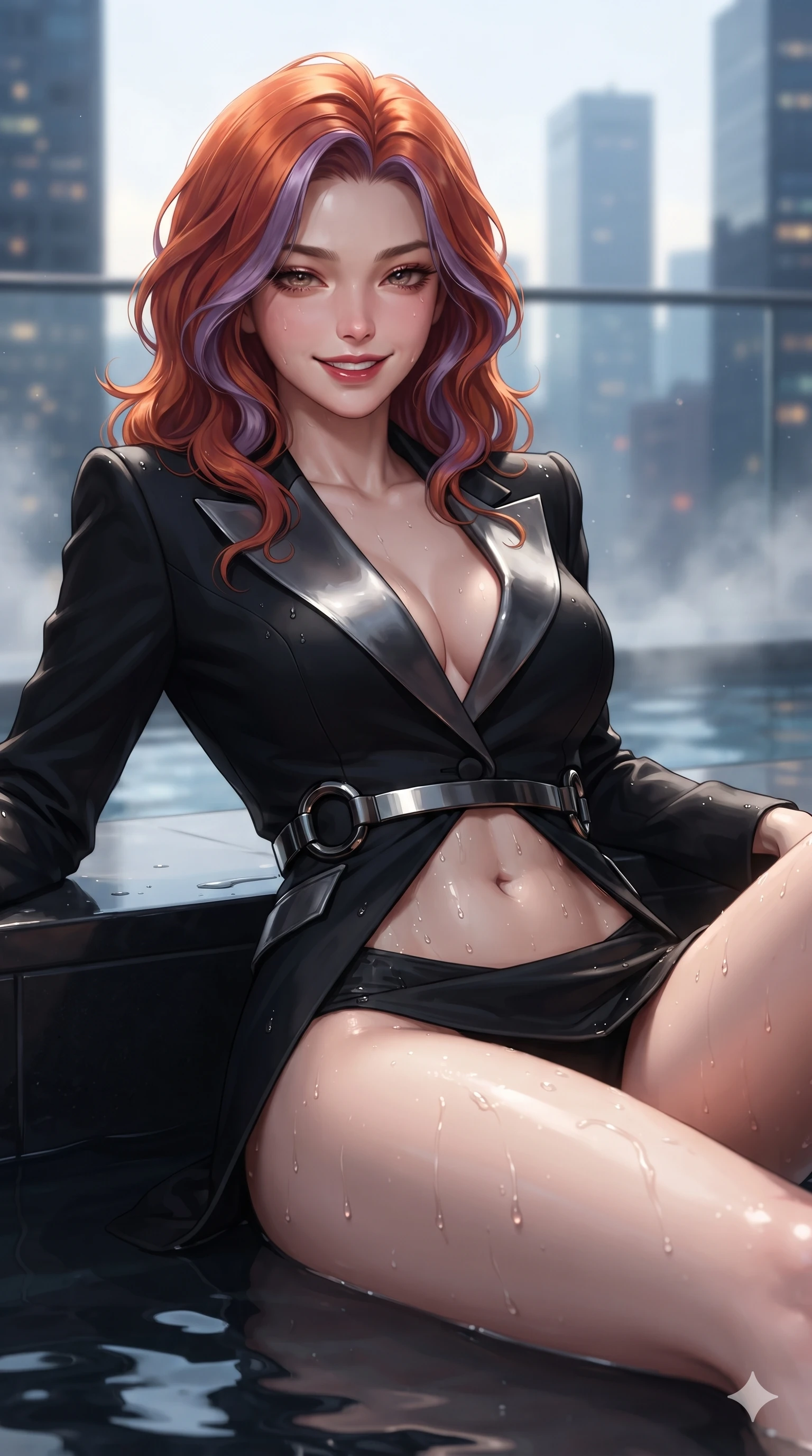 score_9, masterpiece, best quality, ultra-detailed, high-budget anime keyframe, editorial fashion photography, tasteful artistic composition, Caucasian woman. close-up cowboy shot from the waist and thighs up, the character dominates the composition, filling the frame with her large presence. smiling with quiet, magnetic self-assurance directly into the camera with heavy-lidded sparkling eyes while lounging back against the smooth black basalt pool coping with legs extended, water droplets glistening across her flat midriff and curvy hips. The background shows a soft-focus distant glittering high-rise skyscrapers, drifting cool rooftop mist, and glass terrace parapets blurred into topaz, cobalt, and obsidian bokeh. She has an exceptionally elegant, slender, and willowy female figure with an ultra-slim waist, flat toned midriff, narrow ribcage, and sculpted feminine hips creating an alluring, slim hourglass silhouette without bulk. sharp v-shaped jawline, high-bridge nose, intricate jewel-like dark sparkling eyes with hypnotic seductive depth, thick curled eyelashes, glossy parted lips with a natural wine sheen, alluring bedroom-eyes with an enigmatic smoldering smile, exuding magnetic sovereign charisma and dark avant-garde glamour, flawlessly proportioned anatomical accuracy, strict slender model proportions, natural body alignment, perfectly sculpted long slender limbs, ultra-slim waistline, clean dynamic posture without body distortion. wearing a tailored onyx black tux dress with silk lapels and fitted waist in metallic liquid silver and pitch black, woven from bespoke high-density barathea wool with refined ceremonial hold, accented with sculpted obsidian chrome rings at the waist, accentuating her gracefully sculpted slender torso and statuesque proportions. illuminated by dark pool water surface bounce and sharp golden-sapphire rim lights sculpting her razor-sharp jawline, narrow waist, and curvy hips. ultra-reflective glossy finish, specular highlights, metallic sheen, high-contrast stereoscopic depth, volumetric dynamic lighting, 2k, ultra detail, master piece, 9:16 ratio