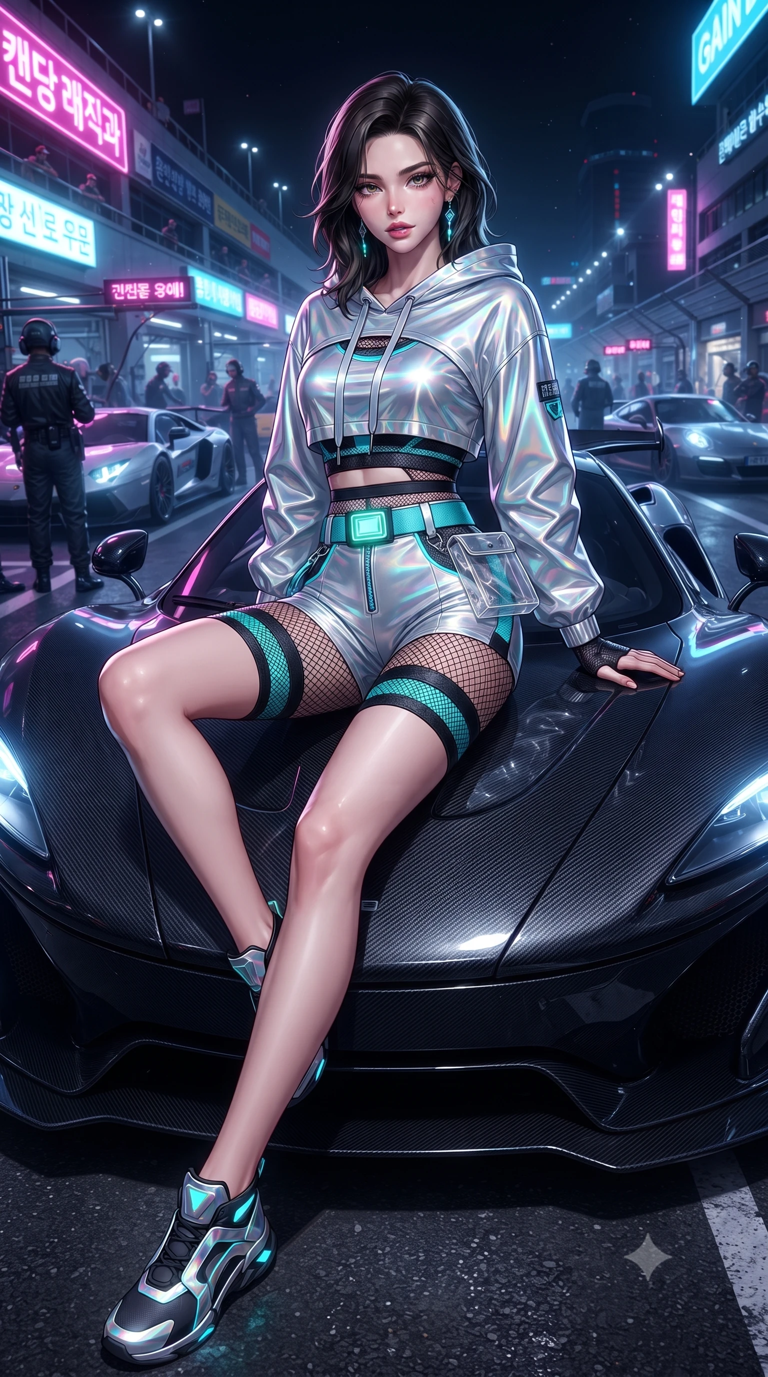 score_9, masterpiece, best quality, ultra-detailed, high-budget anime keyframe, editorial fashion photography, tasteful artistic composition, Korean woman. low angle full-body shot from head to toe showing her feet, filling the entire 9:16 vertical frame with her statuesque presence, stretching her vertical silhouette. pivoting dynamically with supreme athletic balance, her impossibly long slender legs and ultra-slim waist creating a mesmerizing vertical line while sitting poised on the glossy carbon-fiber hood of a midnight hypercar, one leg extended and torso angled back with seductive confidence. The surrounding environment is rendered in vivid detail and crisp panoramic clarity. vibrant high-contrast cyberpunk motorsport chiaroscuro and raw high-speed racing adrenaline in precision. She has an absolutely perfect, statuesque 8.5-heads proportion, an exceptionally tall and slender model-like female figure with impossibly long slender legs, a toned flat midriff, and an ultra-slim waist. sharp v-shaped jawline, high-bridge nose, intricate jewel-like eyes with depth, thick eyelashes, glossy parted lips with a natural sheen, intensely captivating and seductive expression, flawlessly proportioned anatomical accuracy, strict slender model proportions, natural body alignment, perfectly sculpted long slender limbs, ultra-slim waistline, clean dynamic posture without body distortion. wearing a holographic silver crop hoodie paired with high-waisted racing shorts and fishnet accents in carbon matte black and neon electric cyan, crafted from flexible reflective spandex and heavy tactical webbing, complemented by a neon LED belt buckle and translucent vinyl tool pouch, the glove-like aerodynamic second-skin fit tightly clinging to her ultra-slender waist and athletic curves without adding bulk, accentuating her razor-sharp statuesque lines and slim hourglass silhouette. surrounded by a fierce, electrifying, and irresistibly intoxicating motorsport queen aura. ultra-reflective glossy finish, specular highlights, rich textural contrasts, high-contrast stereoscopic depth, volumetric dynamic lighting, 2k, ultra detail, master piece, 9:16 ratio