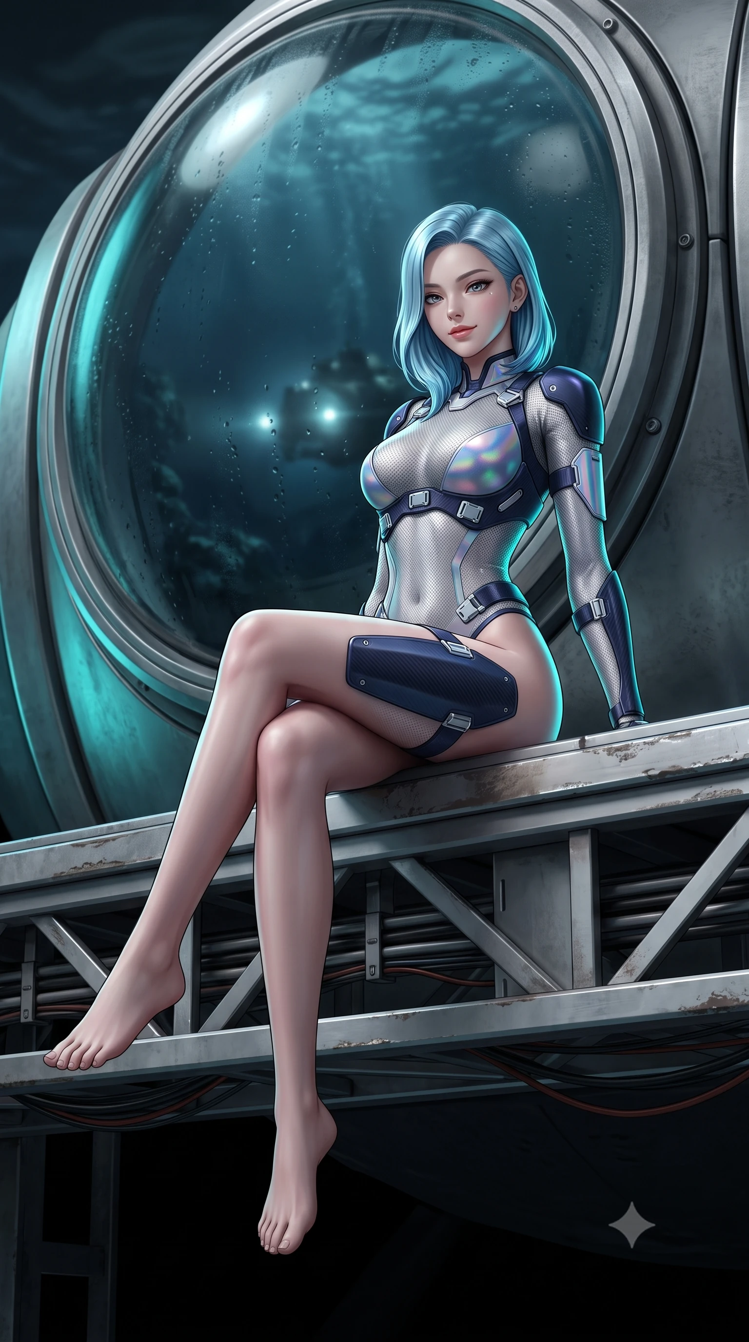 score_9, masterpiece, best quality, ultra-detailed, high-budget anime keyframe, semi-realistic 3D game render, editorial fashion photography, tasteful artistic composition, Korean woman. low angle full-body shot from head to toe showing her feet, filling the entire 9:16 vertical frame with her statuesque presence, stretching her vertical silhouette. sitting perched on the elevated maintenance gantry edge with legs crossed and hips angled toward the camera, displaying her toned midriff and long slender limbs with joyful, coquettish charm while leaning against the reinforced titanium viewing bulkhead with hips cocked back, casting an alluring bedroom-gaze through dark ocean currents. The background shows a soft-focus condensation beads on curved dome glass and distant research submarine headlights softened in moody aquatic shallow focus. She has an absolutely perfect, statuesque 8.5-heads proportion, an exceptionally tall and slender model-like female figure with impossibly long slender legs, an ultra-slim waist, a flat toned midriff, narrow delicate ribcage, and beautifully sculpted feminine hips creating a graceful, slim hourglass silhouette without any bulky heaviness. sharp v-shaped jawline, high-bridge nose, intricate jewel-like sparkling eyes with depth, thick eyelashes, glossy parted lips with a natural sheen, bright confident smile with an enchanting and coquettish sensual glint, exuding both youthful magnetic charm and sovereign high-tech allure, flawlessly proportioned anatomical accuracy, strict slender model proportions, natural body alignment, perfectly sculpted long slender limbs, ultra-slim waistline, clean dynamic posture without body distortion. wearing a form-contouring delicate silver nano-mesh bodysuit with strategically placed chrome armor plate guards covering key curves in midnight navy blue and holographic iridescent shimmer, crafted from lightweight aerodynamic matte carbon-fiber weave with structural stiffness, finished with polished chrome buckle hardware and modular magnetic holster clasps, the liquid-tight tailored fabric clinging flawlessly to her narrow waist and rounded feminine hips, emphasizing every millimeter of her sculpted slim hourglass curves without any bulky heaviness. illuminated by external submarine floodlights and sharp cyan rim lights carving her razor-sharp jawline, narrow waist, and curvy hips. highly saturated vibrant anime colors, detailed shading with soft gradients, rich glossy textures, high-contrast stereoscopic depth, volumetric dynamic lighting, master piece, 9:16 ratio