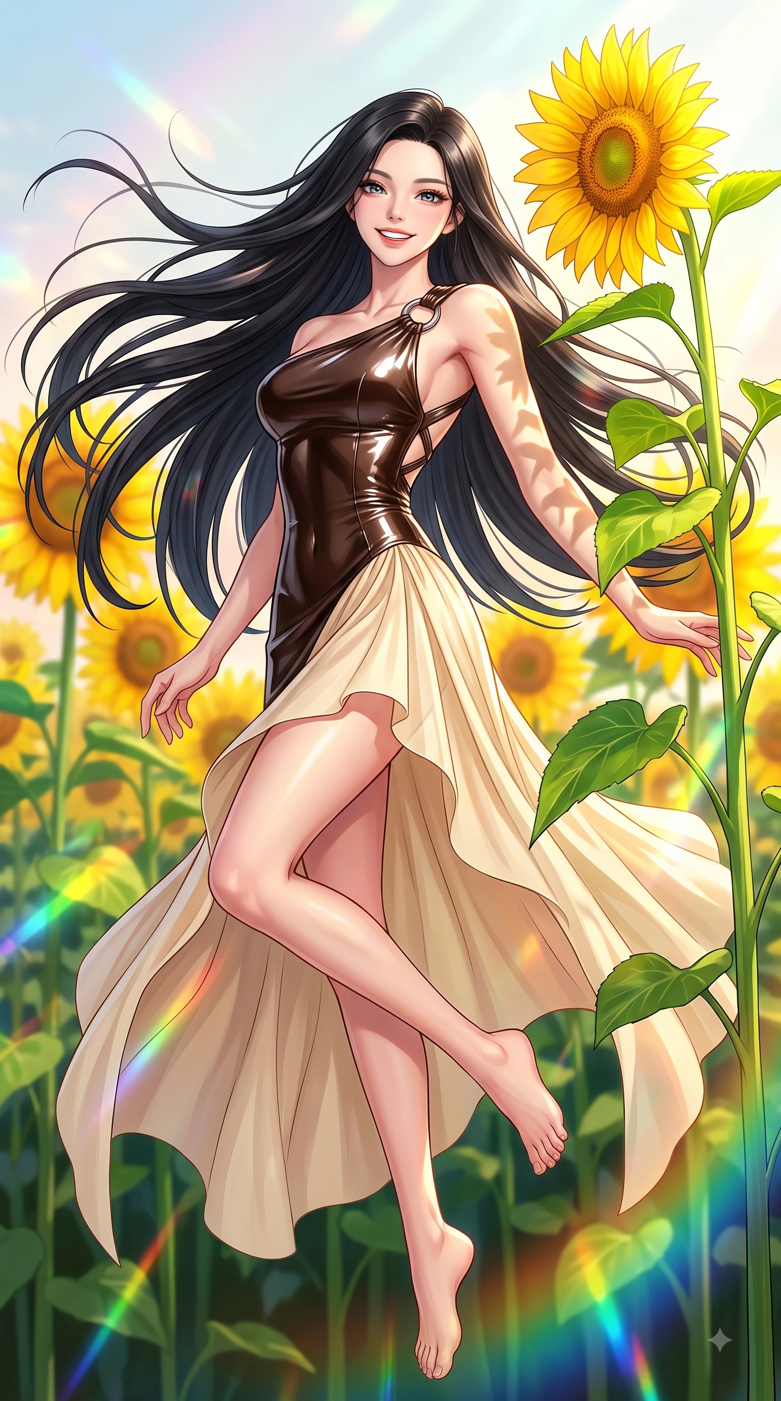 score_9, masterpiece, best quality, ultra-detailed, high-budget anime keyframe, editorial fashion photography, tasteful artistic composition, Korean woman. low angle full-body shot from head to toe showing her feet, filling the entire 9:16 vertical frame with her statuesque presence, stretching her vertical silhouette. performing a cheerful mid-air rotation with flawless poise, her radiant smile capturing pure happy energy while reaching out to touch a towering sunflower stalk while beaming happily into the camera lens, bright green leaves and golden petals casting cheerful organic stencil shadows. She has an absolutely perfect, statuesque 8.5-heads proportion, an exceptionally tall and slender model-like female figure with impossibly long slender legs and an ultra-slim waist. sharp v-shaped jawline, high-bridge nose, intricate jewel-like eyes with depth, thick eyelashes, glossy lips with a natural sheen, flawlessly proportioned anatomical accuracy, natural body alignment, perfectly sculpted elegant limbs, clean dynamic posture without body distortion. wearing an asymmetrical Grecian draped chiffon gown with a metallic shoulder ring in espresso brown and warm cream, tailored from high-gloss patent leather, complemented by criss-cross back straps highlighting her bare shoulders, the form-contouring material highlighting her ultra-slim waist and long lines. illuminated by dazzling rainbow refractions and bright, cheerful ambient sky glow. highly saturated vibrant anime colors, detailed shading with soft gradients, rich glossy textures, high-contrast stereoscopic depth, volumetric dynamic lighting, master piece, 9:16 ratio