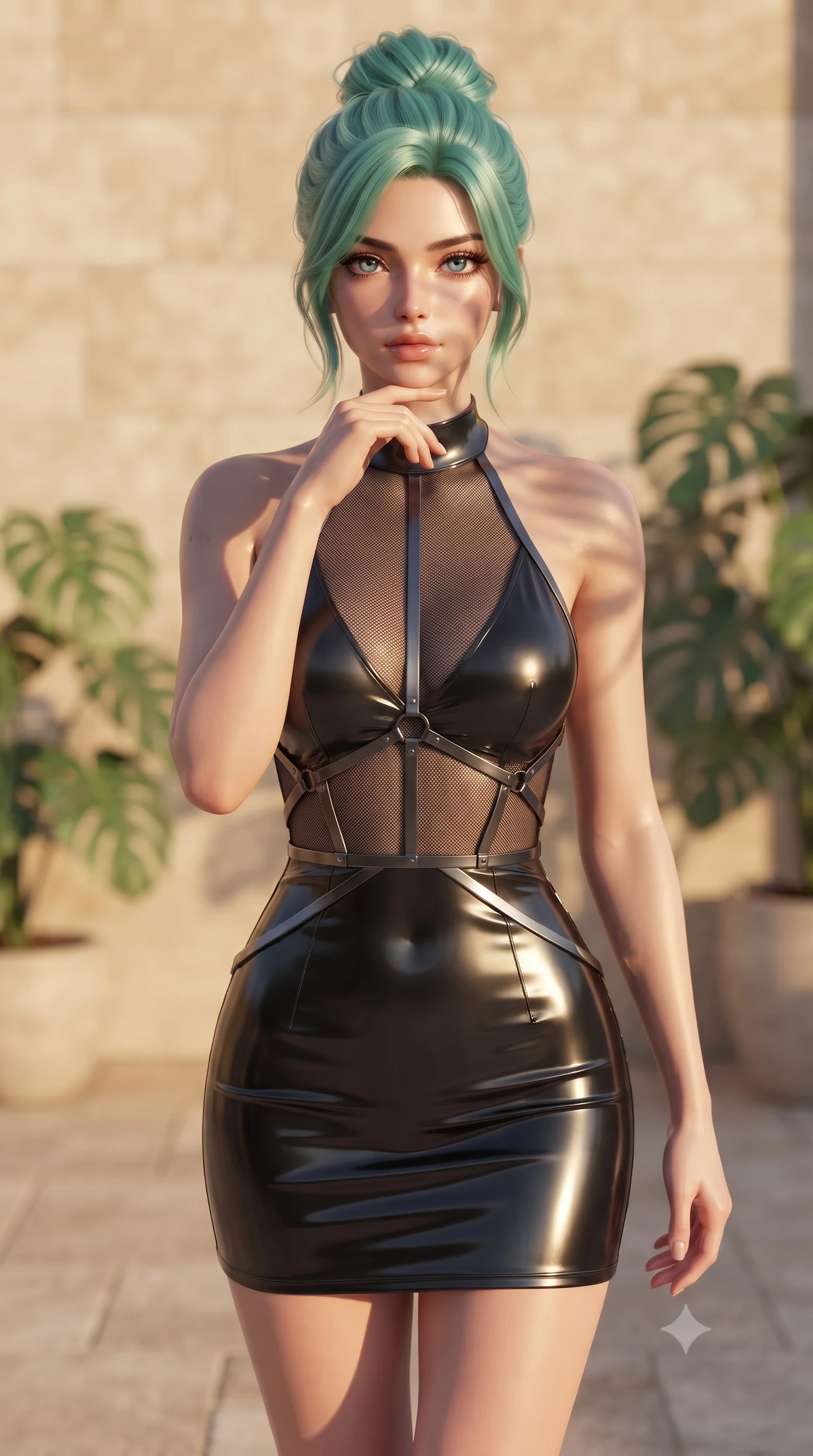 score_9, masterpiece, best quality, ultra-detailed, high-budget anime keyframe, editorial fashion photography, tasteful artistic composition, Japanese woman. close-up cowboy shot from the waist and thighs up, the character dominates the composition, filling the frame with her large presence, background elements kept in soft focus. Resting her chin on the backs of her fingers with an air of effortless superiority, walking across a warm limestone terrace surrounded by potted tropical monstera leaves, effortless elegance in her posture, stretching her vertical 9:16 framing. She has an exceptionally elegant, slender, and willowy female figure with an ultra-slim waist, a gracefully sculpted slender torso, and a refined silhouette. sharp v-shaped jawline, high-bridge nose, intricate jewel-like eyes with depth, thick eyelashes, glossy lips with a natural sheen. wearing backless liquid vinyl mini slip dress with bare shoulder halter neckline in pitch-black onyx, made of fine dark contouring mesh, highlighted by a gunmetal metallic harness structure, the fitted fabric emphasizing her ultra-slim waist. lit by golden-hour sunlight casting graceful organic leaf shadows. ultra-reflective glossy finish, specular highlights, metallic sheen, high-contrast stereoscopic depth, volumetric dynamic lighting, 2k, ultra detail, master piece, 9:16 ratio