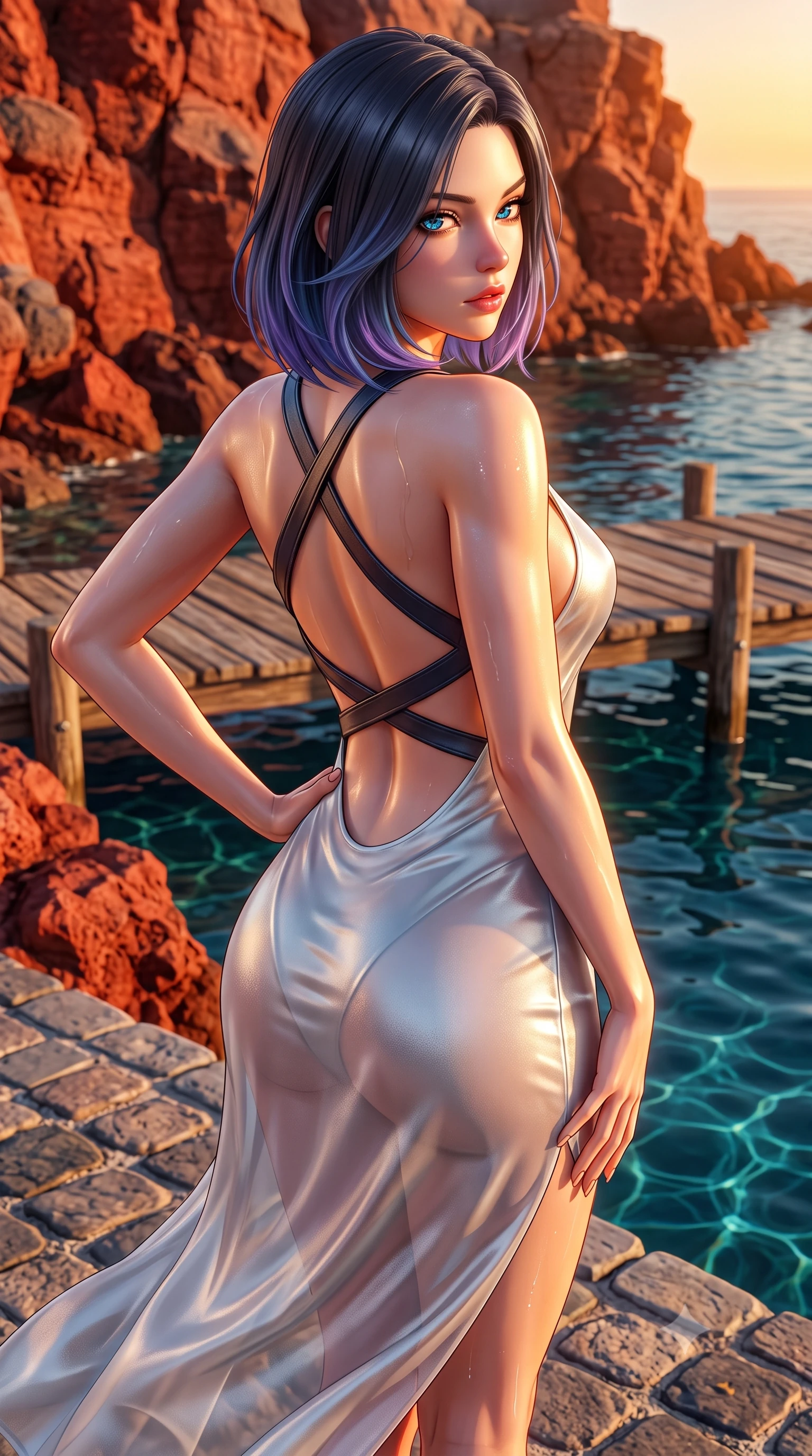 score_9, masterpiece, best quality, ultra-detailed, high-budget anime keyframe, semi-realistic 3D game render, editorial fashion photography, tasteful artistic composition, Caucasian woman. close-up cowboy shot from the waist and thighs up, the character dominates the composition, filling the frame with her large presence. posing in an alluring rear three-quarter angle, arching her lower back in a pronounced S-curve with one hand on her hip, glancing seductively over her bare shoulder with parted glossy lips while standing poised on the cobblestone taverna terrace, twisting her slender torso in an alluring contrapposto stance as the evening Aegean breeze flutters her dress. The surrounding environment is rendered in vivid detail and crisp panoramic clarity. sharp volcanic red stone cliff textures, rustic wooden dock planks, and clear Aegean water caustics in deep focus. She has an exceptionally elegant, slender, and willowy female figure with an ultra-slim waist, flat toned midriff, narrow ribcage, and sculpted feminine hips creating an alluring, slim hourglass silhouette without bulk. sharp v-shaped jawline, high-bridge nose, intricate jewel-like eyes with depth, thick eyelashes, glossy parted lips with a natural sheen, intensely captivating and seductive bedroom-eyes expression, flawlessly proportioned anatomical accuracy, strict slender model proportions, natural body alignment, perfectly sculpted long slender limbs, ultra-slim waistline, clean dynamic posture without body distortion. wearing a delicate semi-translucent silk yukata that clings to her wet skin and curvy hip contours in shimmering silver mercury and pearl white, formed from supple second-skin lambskin leather with specular sheen, featuring an open-back criss-cross harness strap in dark leather, the second-skin form-contouring cut accentuating her sculpted flat midriff, narrow delicate ribcage, and gracefully curvy hips with supermodel precision. bathed in intense golden hour Aegean sunset glow reflecting off deep red volcanic rocks. highly saturated vibrant anime colors, detailed shading with soft gradients, rich glossy textures, high-contrast stereoscopic depth, volumetric dynamic lighting, master piece, 9:16 ratio