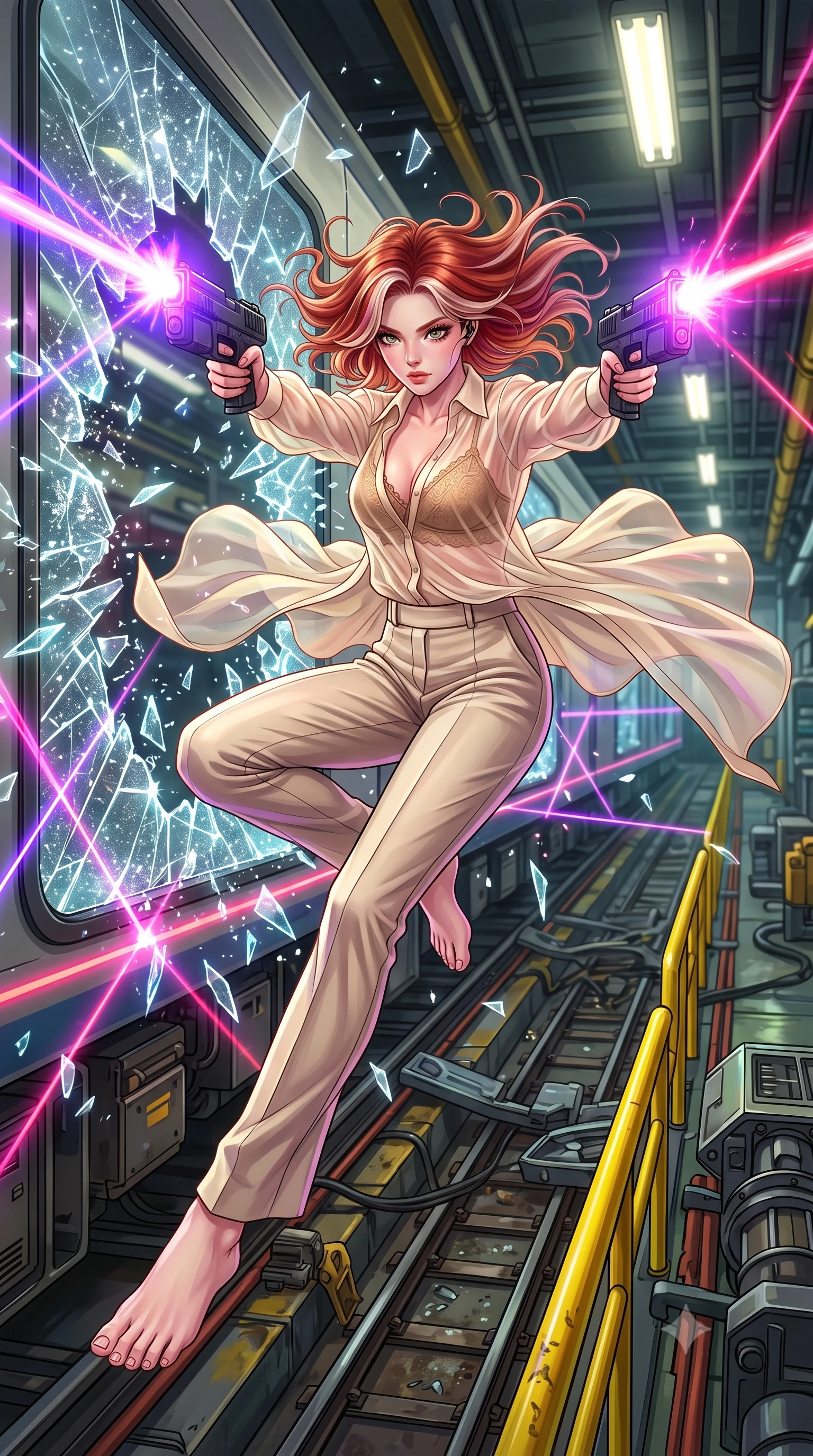 score_9, masterpiece, best quality, ultra-detailed, high-budget anime keyframe, editorial fashion photography, tasteful artistic composition, Caucasian woman, strictly human ears. low angle full-body shot from head to toe showing her feet, filling the entire 9:16 vertical frame with her statuesque presence, stretching her vertical silhouette. diving sideways through a breaking glass window while shooting her plasma blasters inside an active train maintenance corridor, with yellow utility rails and hover-train parts scattered near the tracks. She has a statuesque 8.5-heads proportion, an exceptionally tall, slender and willowy model-like build with impossibly long legs and a highly sculpted ultra-slim waist. sharp v-shaped jawline, high-bridge nose, intricate jewel-like eyes with depth, thick eyelashes, glossy lips with a natural sheen. wearing the lightweight fabric rippling and billowing dramatically with her movement, a form-contouring semi-transparent cream organza shirt layered over a tan-colored lace bralette, paired with tailored trousers. highly saturated vibrant anime colors, intense vivid color palette, soft 3D volumetric shading, volumetric dynamic lighting, laser lines of violet and hot pink reflecting off surfaces casting geometric neon highlights. 2k, ultra detail, master piece, 9:16 ratio