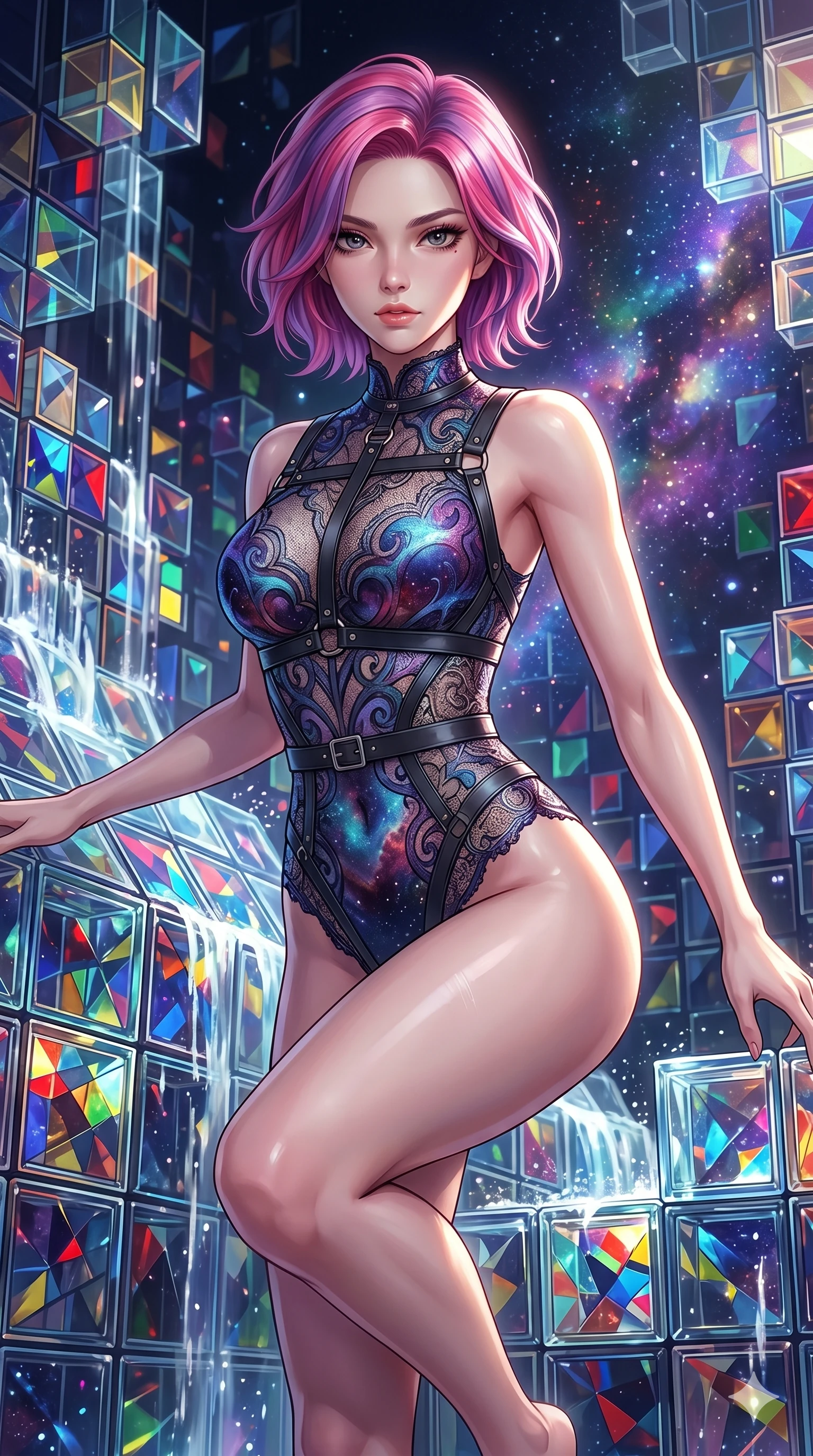 score_9, masterpiece, best quality, ultra-detailed, high-budget anime keyframe, Korean woman. upper body close-up from the thighs up, character filling the screen for maximum presence. balancing on cubist glass blocks that cascade like a waterfall, reflecting complex mosaic patterns and primary colors. She has an absolutely perfect 8-heads proportion, an exceptionally tall and slender female figure with impossibly long slender legs and an ultra-slim waist. V-shaped jawline, high-bridge nose, intricate jewel-like eyes with depth, thick eyelashes, glossy lips with a natural sheen.. wearing a gothic nebula lace bodysuit, featuring a semi-opaque sculptural lace bodysuit with cosmic nebula patterns, reinforced by matte leather straps. lit by a soft glowing ambient light and a sharp side key light that traces the sleek contours of her athletic build. 2k, ultra detail, master piece, 9:16 ratio