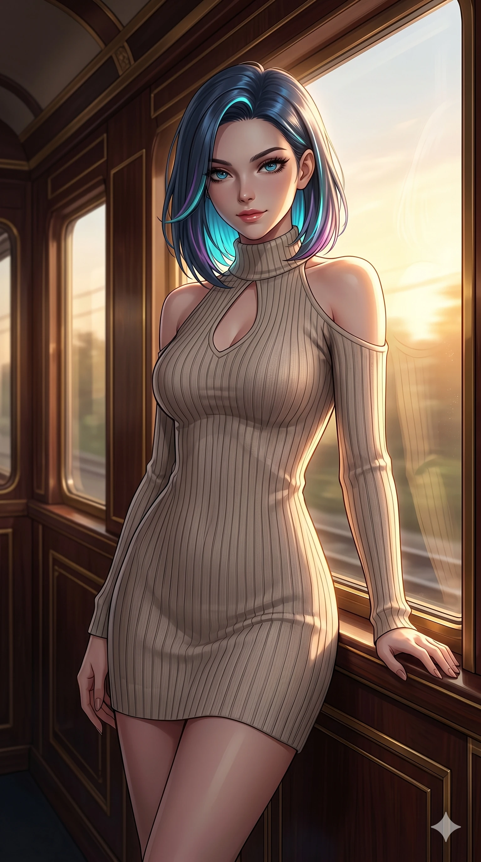 score_9, masterpiece, best quality, ultra-detailed, high-budget anime keyframe, editorial fashion photography, tasteful artistic composition, Caucasian woman, strictly human ears. cowboy shot from the thighs up, character and outfit filling the frame for maximum editorial presence. leaning against the glass window, looking directly into the lens with a sultry half-smile inside a luxury train cabin with vintage wood paneling (Code-P16-048). She has an absolutely perfect 8-heads proportion, an exceptionally tall and slender female figure with impossibly long slender legs and an ultra-slim waist. V-shaped jawline, high-bridge nose, intricate jewel-like eyes with depth, thick eyelashes, glossy lips with a natural sheen. wearing a cozy ribbed knit dress with an elegant keyhole cutout and bare shoulders. golden sunset light streaming through the window, outlining her high-bridge nose and lips. 2k, ultra detail, master piece, 9:16 ratio