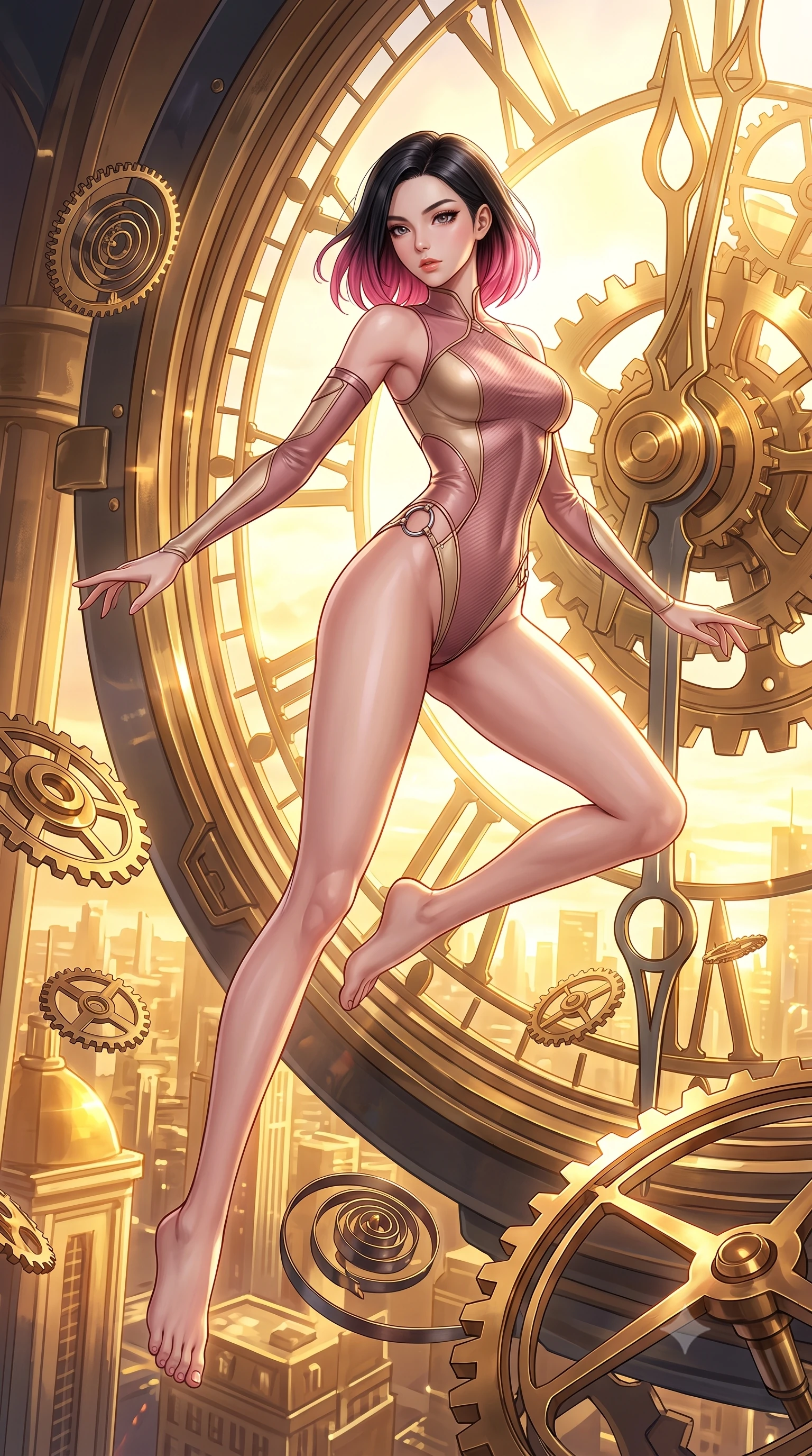score_9, masterpiece, best quality, ultra-detailed, high-budget anime keyframe, editorial fashion photography, tasteful artistic composition, Korean woman. low angle full-body shot from head to toe showing her feet, filling the entire 9:16 vertical frame with her statuesque presence, stretching her vertical silhouette. pivoting dynamically in zero-gravity with fluid body alignment, displaying her perfect model proportions while leaping through the arc of a massive mechanical clock pendulum swinging over a golden city, floating brass gears and clocksprings casting intricate metallic reflections. She has an absolutely perfect, statuesque 8.5-heads proportion, an exceptionally tall and slender model-like female figure with impossibly long slender legs and an ultra-slim waist. sharp v-shaped jawline, high-bridge nose, intricate jewel-like eyes with depth, thick eyelashes, glossy lips with a natural sheen, flawlessly proportioned anatomical accuracy, natural body alignment, perfectly sculpted elegant limbs, clean dynamic posture without body distortion. wearing an asymmetrical high-cut tech-bodysuit with detached sleeves in dusty rose and champagne gold, made of fine carbon-fiber weave and soft matte leather, accented with delicate chrome ring hardware framing her waist, the sleek second-skin texture accentuating her magnetic presence. illuminated by a brilliant golden hour glow filtering through clockwork dials. highly saturated vibrant anime colors, detailed shading with soft gradients, rich glossy textures, high-contrast stereoscopic depth, volumetric dynamic lighting, master piece, 9:16 ratio