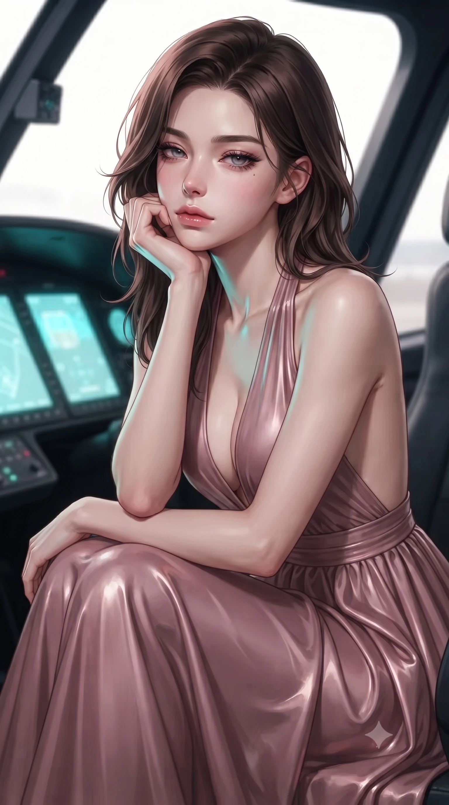 score_9, masterpiece, best quality, ultra-detailed, high-budget anime keyframe, editorial fashion photography, tasteful artistic composition, Korean woman. close-up cowboy shot from the waist and thighs up, the character dominates the composition, filling the frame with her large presence, background elements kept in soft focus. resting her chin on the backs of her fingers, casting a heavy-lidded, sultry look past the camera the background shows a soft-focus the pilot seat of a luxury helicopter with high-tech curved monitor screens. She has an exceptionally elegant, slender, and willowy female figure with an ultra-slim waist, a gracefully sculpted slender torso, and a refined silhouette. sharp v-shaped jawline, high-bridge nose, intricate jewel-like eyes with depth, thick eyelashes, glossy lips with a natural sheen. wearing a form-contouring deep plunging-V neck maxi dress in dusty rose chiffon with a bold halter neck and low-cut back. soft cyan glow radiating from the screens onto her sharp jawline. ultra-reflective glossy finish, specular highlights, metallic sheen, high-contrast stereoscopic depth, volumetric dynamic lighting, 2k, ultra detail, master piece, 9:16 ratio