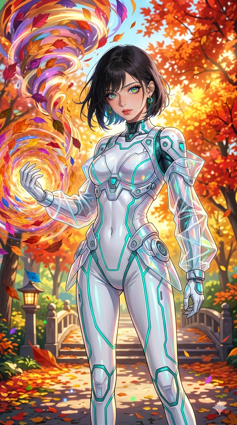 score_9, masterpiece, best quality, ultra-detailed, High-budget Anime Keyframe, beautiful Caucasian anime girl (strictly human ears). Low angle cowboy shot filling the entire 9:16 frame with her statuesque presence. Summoning a whirlwind of colorful leaves in a quiet park filled with autumn trees. She has an absolutely perfect 8-heads proportion, an exceptionally tall and slender female figure with impossibly long slender legs and an ultra-slim waist. Sharp v-shaped jawline, high-bridge nose, intricate jewel-like eyes with depth, thick eyelashes, glossy lips with a natural sheen. Wearing a Tech-Fantasy outfit: cybernetic white tech-suit with glowing teal seams and translucent PVC overlays. Background is a bright and colorful park with vibrant orange and red trees and golden sunlight. 2k, ultra detail, master piece, 9:16 ratio
