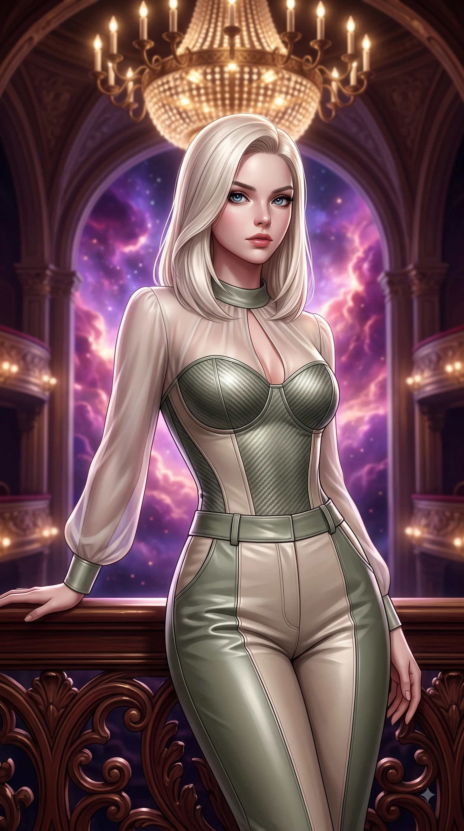 score_9, masterpiece, best quality, ultra-detailed, high-budget anime keyframe, editorial fashion photography, tasteful artistic composition, Caucasian woman. close-up cowboy shot from the waist and thighs up, the character dominates the composition, filling the frame with her large presence, background elements kept in soft focus. Gazing past the lens with smoldering intensity as her torso curves dynamically in mid-stride while leaning gracefully against a carved mahogany balustrade under a majestic chandelier glow, vivid purple and rose-gold nebula clouds glowing through monumental cathedral arches. She has an exceptionally elegant, slender, and willowy female figure with an ultra-slim waist, a gracefully sculpted slender torso, and a refined silhouette. sharp v-shaped jawline, high-bridge nose, intricate jewel-like eyes with depth, thick eyelashes, glossy lips with a natural sheen, flawlessly proportioned anatomical accuracy, natural body alignment, perfectly sculpted elegant limbs, clean dynamic posture without body distortion. wearing a tailored leather bustier over a sheer silk chiffon blouse in sage green and oatmeal, made of fine carbon-fiber weave and soft matte leather, accented with a Tasteful chest slit framing her clavicle gracefully, the form-contouring material highlighting her ultra-slim waist and long lines. surrounded by an opulent, dramatic opera box atmosphere with deep chiaroscuro. ultra-reflective glossy finish, specular highlights, metallic sheen, high-contrast stereoscopic depth, volumetric dynamic lighting, 2k, ultra detail, master piece, 9:16 ratio