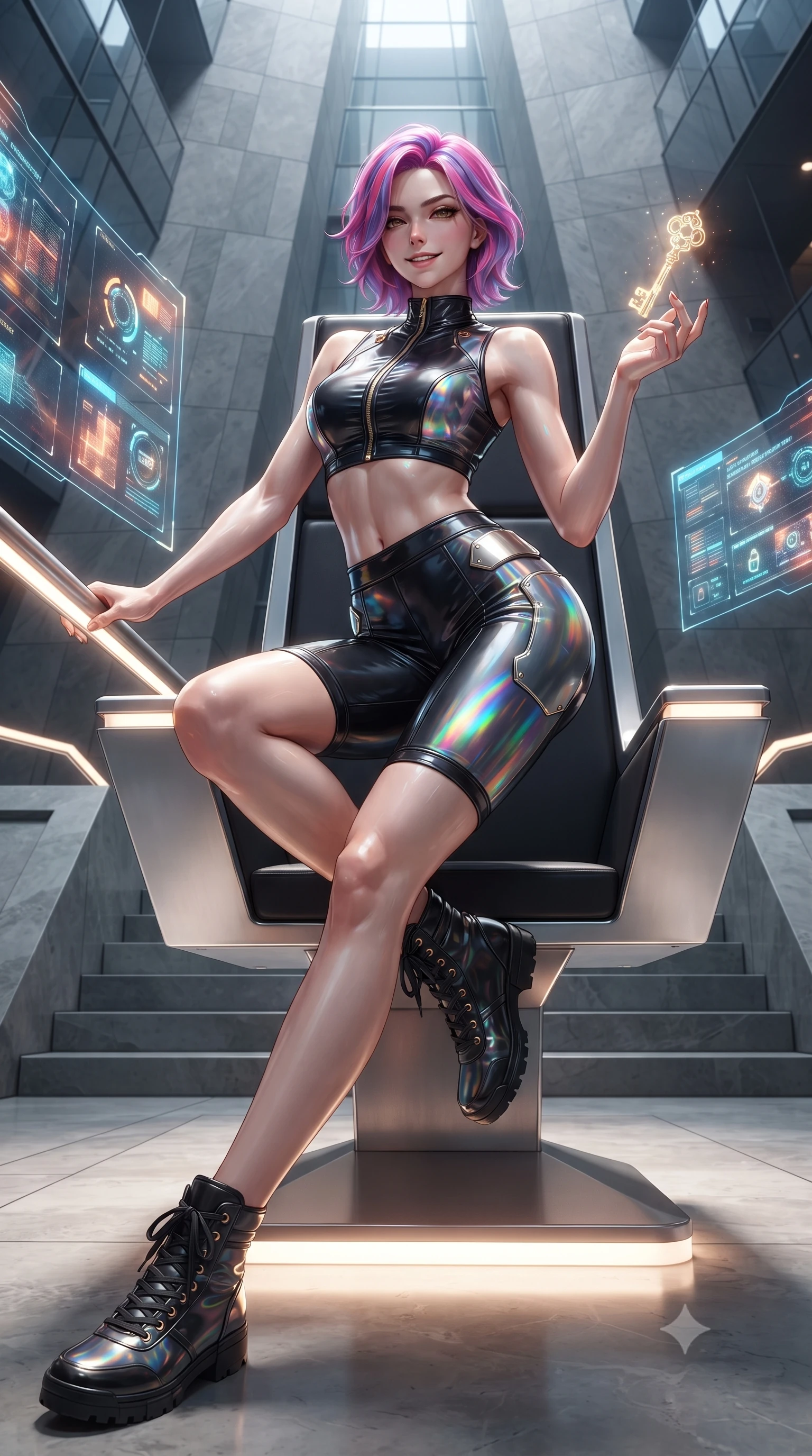 score_9, masterpiece, best quality, ultra-detailed, high-budget anime keyframe, editorial fashion photography, tasteful artistic composition, Caucasian woman. low angle full-body shot from head to toe showing her feet, filling the entire 9:16 vertical frame with her statuesque presence, stretching her vertical silhouette. standing in a tall, confident posture with one hand on a glowing metal railing, stretching her statuesque body as she arches her lower back to emphasize her sculpted feminine hips and slender waist while lounging in the high council chair with legs crossed, holding a glowing cryptographic key while flashing a subtle, dangerous smile. The surrounding environment is rendered in vivid detail and crisp panoramic clarity: detailed tailored suit texture, digital data reflections on skin, and monumental government architecture in razor-sharp precision. She has an absolutely perfect, statuesque 8.5-heads proportion, an exceptionally tall and slender model-like female figure with impossibly long slender legs, an ultra-slim waist, a flat toned midriff, narrow delicate ribcage, and beautifully sculpted feminine hips creating a graceful, slim hourglass silhouette without any bulky heaviness. sharp v-shaped jawline, high-bridge nose, intricate jewel-like sparkling eyes with depth, thick eyelashes, glossy parted lips with a natural sheen, bright confident smile with an enchanting and coquettish sensual glint, exuding both youthful magnetic charm and sovereign high-tech allure, flawlessly proportioned anatomical accuracy, strict slender model proportions, natural body alignment, perfectly sculpted long slender limbs, ultra-slim waistline, clean dynamic posture without body distortion. wearing a sleek two-piece combat athletic set with a zip-front mock-neck crop top and contouring biker shorts hugging her curvy hips in glossy onyx black and warm champagne gold hardware, woven from layered gossamer holographic organza casting chromatic prism reflections, accented with strategically placed chrome armor plate guards covering key curves, the liquid-tight tailored fabric clinging flawlessly to her narrow waist and rounded feminine hips, emphasizing every millimeter of her sculpted slim hourglass curves without any bulky heaviness. illuminated by under-floor uplighting and sharp champagne rim lighting sculpting her razor-sharp jawline, narrow waist, and curvy hips. ultra-reflective glossy finish, specular highlights, rich textural contrasts, high-contrast stereoscopic depth, volumetric dynamic lighting, 2k, ultra detail, master piece, 9:16 ratio