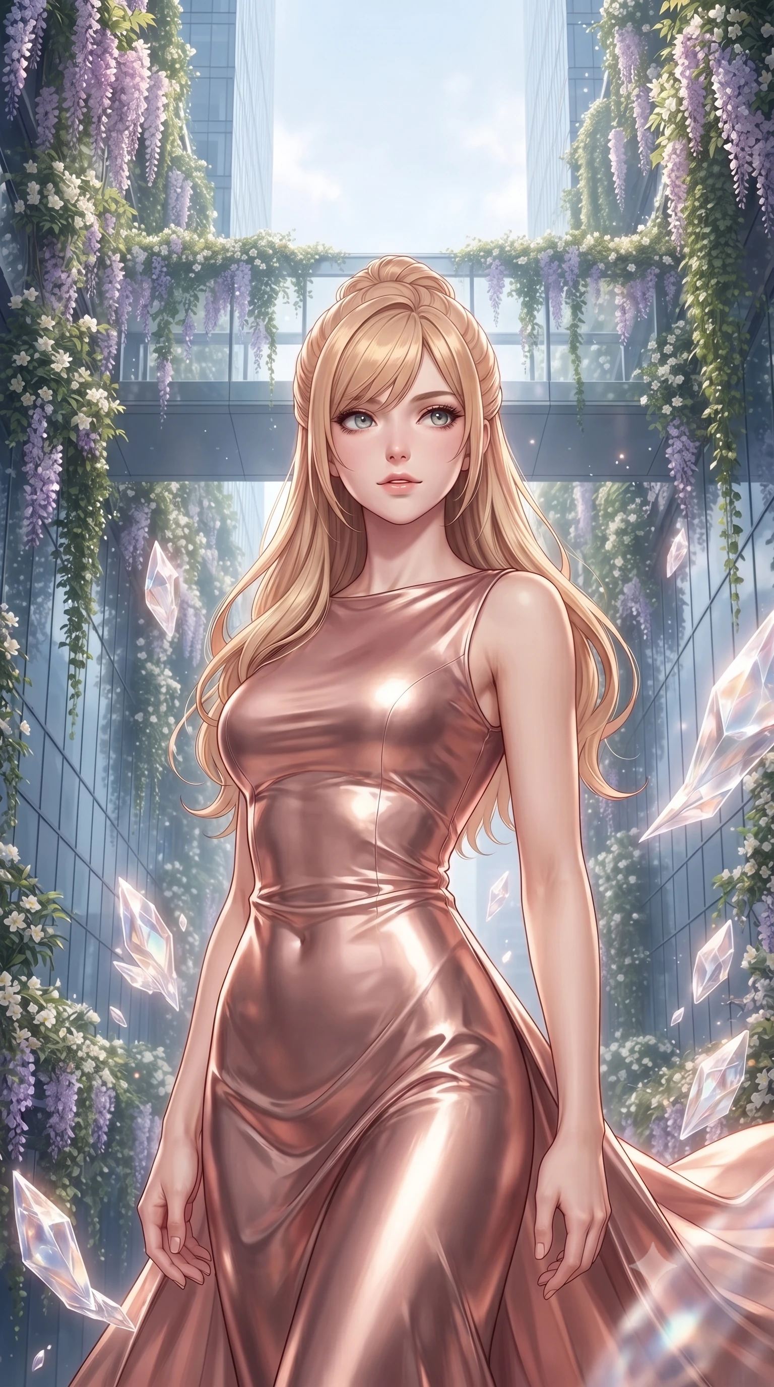 score_9, masterpiece, best quality, ultra-detailed, high-budget anime keyframe, editorial fashion photography, tasteful artistic composition, Caucasian woman, strictly human ears. close-up cowboy shot from the waist and thighs up, the character dominates the composition, filling the frame with her large presence, background elements kept in soft focus. Gazing past the camera with an air of effortless superiority. set against a soft-focus background of an elevated glass walkway between two mirror-clad skyscrapers completely covered in cascading vertical gardens with flowering wisteria jasmine and trailing ivy framing the sky corridor. She has an exceptionally elegant and slender, willowy female figure with an ultra-slim waist, a gracefully sculpted slender torso, and a refined slim physique. sharp v-shaped jawline, high-bridge nose, intricate jewel-like eyes with depth, thick eyelashes, glossy lips with a natural sheen. wearing a liquid metallic rose gold evening gown with a high boat neckline, flowing like liquid metal along her statuesque slender frame. ethereal pearlescent light emanating from floating crystalline formations all around. 2k, ultra detail, master piece, 9:16 ratio