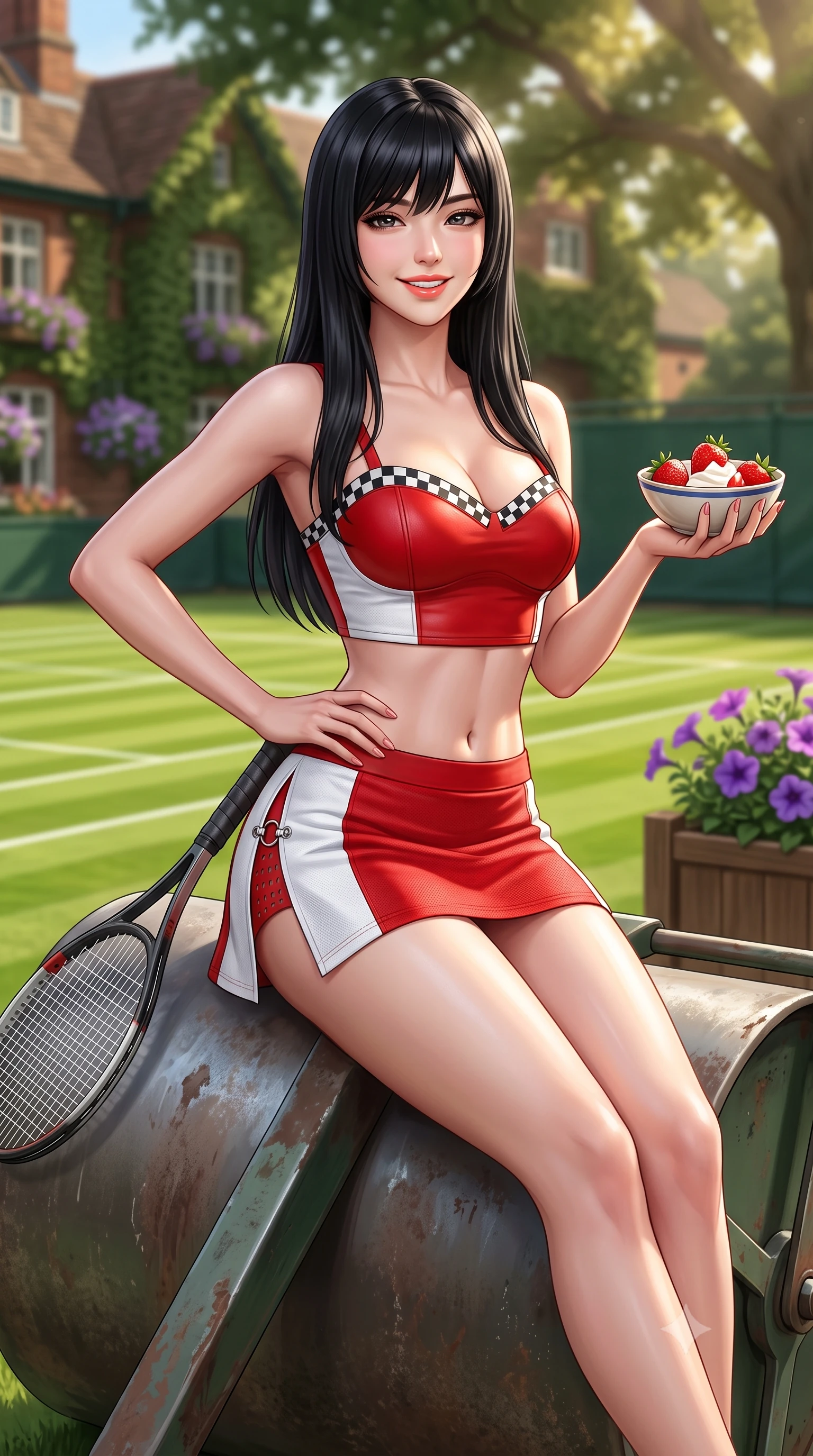 score_9, masterpiece, best quality, ultra-detailed, high-budget anime keyframe, semi-realistic 3D game render, editorial fashion photography, tasteful artistic composition, Caucasian woman. close-up cowboy shot from the waist and thighs up, the character dominates the composition, filling the frame with her large presence. twisting her slender torso in an alluring contrapposto stance, one hand resting on her sculpted hip while holding a tennis racket with effortless poise while sitting gracefully on the grass court roller with legs extended, holding a bowl of fresh strawberries and cream with effortless old-money charm. The background shows a soft-focus striped emerald green lawn tennis courts, ivy-covered clubhouse brick walls, and purple petunia planters blurred into emerald, plum, and cloud-white bokeh. She has an exceptionally elegant, slender, and willowy female figure with an ultra-slim waist, flat toned midriff, narrow ribcage, and sculpted feminine hips creating an alluring, slim hourglass silhouette without bulk. sharp v-shaped jawline, high-bridge nose, sparkling eyes with athletic focus and depth, thick curled eyelashes, glossy parted lips with a natural coral-peach sheen, bright confident and coquettish smile with alluring bedroom-eyes, exuding both youthful sporty vigor and sovereign high-society glamour, flawlessly proportioned anatomical accuracy, strict slender model proportions, natural body alignment, perfectly sculpted long slender limbs, ultra-slim waistline, clean dynamic posture without body distortion. wearing a chic leather bustier top with checkered flag trim paired with an ultra-short A-line tennis skirt in Scuderia racing red and pure alabaster white, made of second-skin technical compression piqué knit with moisture-wicking stretch, finished with sharp laser-cut side ventilation cutouts framed by chrome rings, the glove-like aerodynamic silhouette tightly following the natural contour of her hips and long slender legs with youthful 8.5-heads elegance. bathed in soft warm English afternoon sunlight filtering through stately oak trees. highly saturated vibrant anime colors, detailed shading with soft gradients, rich glossy textures, high-contrast stereoscopic depth, volumetric dynamic lighting, master piece, 9:16 ratio