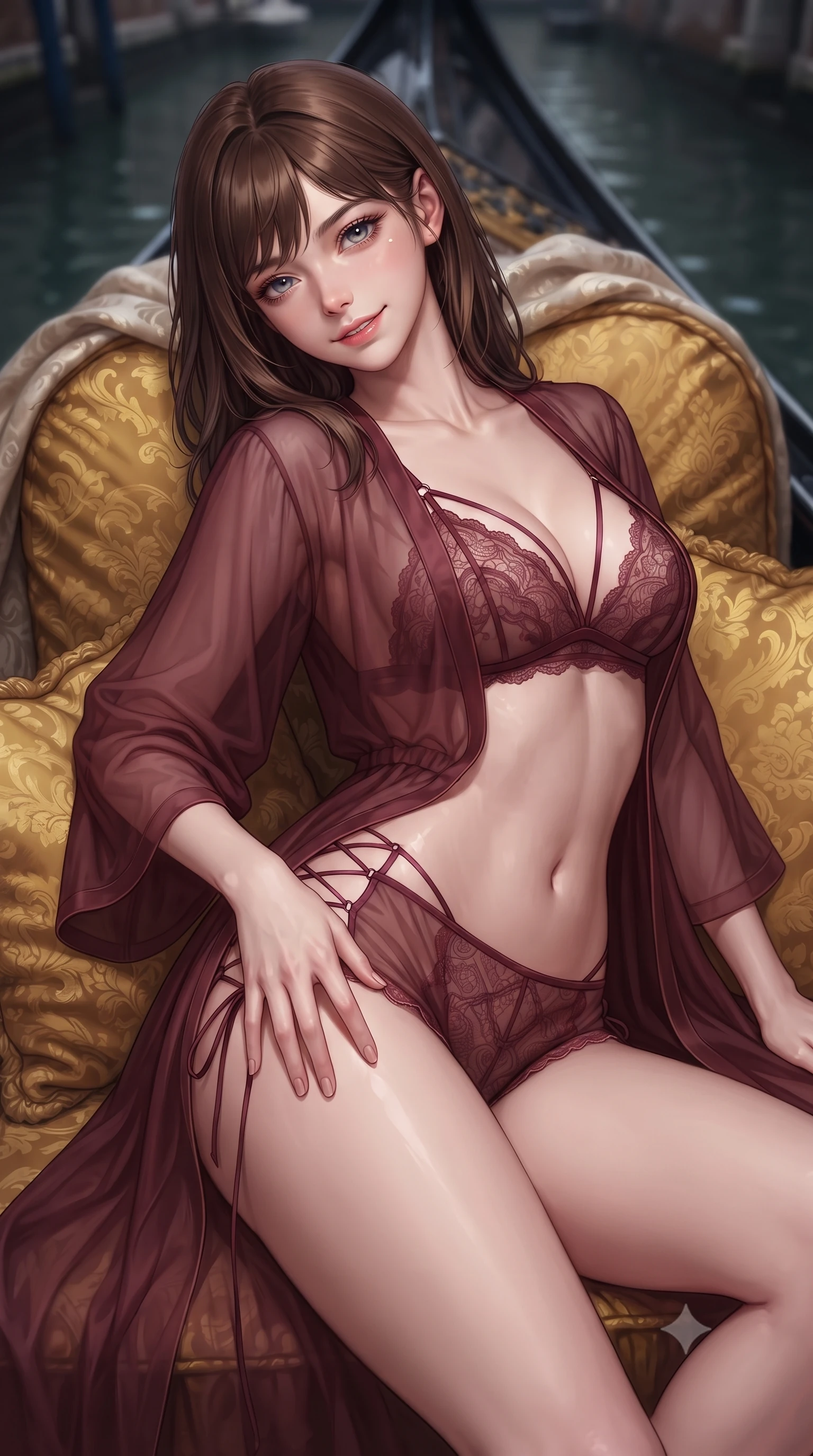 score_9, masterpiece, best quality, ultra-detailed, high-budget anime keyframe, editorial fashion photography, tasteful artistic composition, Korean woman. close-up cowboy shot from the waist and thighs up, the character dominates the composition, filling the frame with her large presence. tilting her head with a teasing half-smile, running one hand slowly down the side of her hip in a flirtatious S-curve as ambient light caresses her silhouette while reclining back into the plush golden damask cushions of the private moored gondola, arching her spine with effortless siren dominance. The background shows a soft-focus flowing damask throws softened in intimate midnight voyage shallow focus. She has an exceptionally elegant, slender, and willowy female figure with an ultra-slim waist, flat toned midriff, narrow ribcage, and sculpted feminine hips creating an alluring, slim hourglass silhouette without bulk. sharp v-shaped jawline, high-bridge nose, intricate jewel-like sparkling eyes with depth, thick eyelashes, glossy parted lips with a natural peach sheen, bright cheerful beaming smile with an enchanting and coquettish sensual glint, exuding both youthful cute charm and seductive allure, flawlessly proportioned anatomical accuracy, strict slender model proportions, natural body alignment, perfectly sculpted long slender limbs, ultra-slim waistline, clean dynamic posture without body distortion. wearing a delicate translucent silk boudoir robe with feather-trimmed cuffs worn open over a strappy lace bralette and micro-shorts in French boudoir bordeaux wine and gilded bronze, made of sheer gossamer chiffon that drapes softly against skin with airy translucence, featuring fine criss-cross lace-up side ties revealing tantalizing glimpses of her hip curve, the liquid-tight tailored fabric clinging flawlessly to her narrow waist and rounded feminine hips, emphasizing every millimeter of her sculpted slim hourglass curves without any bulky heaviness. illuminated by water surface specular bounce and sharp flame-gold rim lights defining her razor-sharp jawline, narrow waist, and curvy hips. ultra-reflective glossy finish, specular highlights, rich textural contrasts, high-contrast stereoscopic depth, volumetric dynamic lighting, 2k, ultra detail, master piece, 9:16 ratio