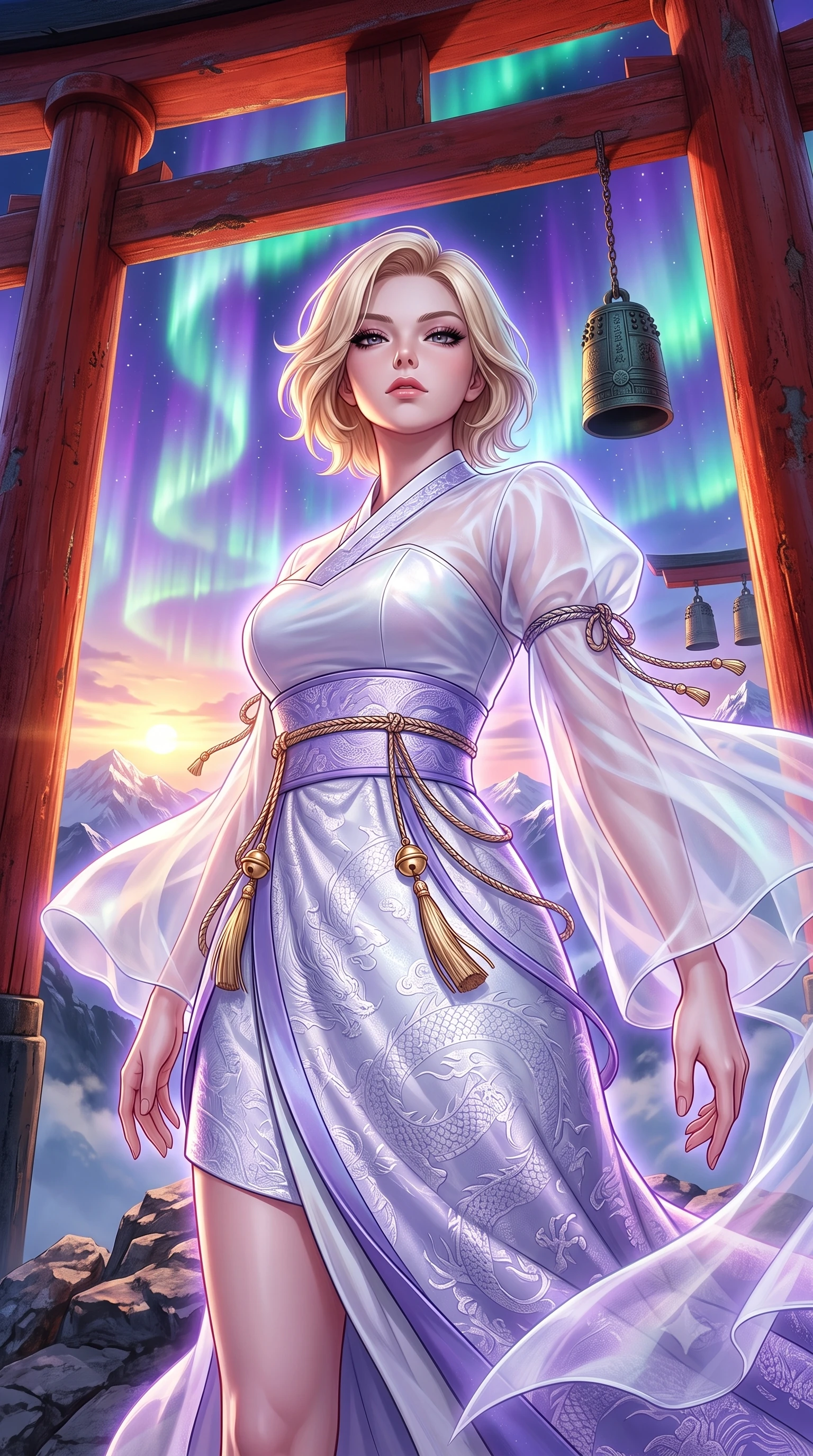 score_9, masterpiece, best quality, ultra-detailed, high-budget anime keyframe, semi-realistic 3D game render, editorial fashion photography, tasteful artistic composition, Caucasian woman. close-up cowboy shot from the waist and thighs up, the character dominates the composition, filling the frame with her large presence. tilting her chin up with proud, sovereign confidence while gazing directly into the lens with thick, dark eyelashes while standing atop a mountain shrine ridge framed by a colossal vermilion torii gate under a dancing violet and emerald aurora. The surrounding environment is rendered in vivid detail and crisp panoramic clarity. detailed aurora wave ribbons, distant mountain ranges, and sacred bronze bell engravings in high clarity. She has an exceptionally elegant, slender, and willowy female figure with an ultra-slim waist, a gracefully sculpted slender torso, toned flat midriff, and a refined slim silhouette. sharp v-shaped jawline, high-bridge nose, intricate jewel-like eyes with depth, thick eyelashes, glossy lips with a natural sheen, captivating and magnetic expression, flawlessly proportioned anatomical accuracy, strict slender model proportions, natural body alignment, perfectly sculpted long slender limbs, ultra-slim waistline, clean dynamic posture without body distortion. wearing a modern fusion silk hanbok dress with sheer organza butterfly sleeves and a structured mother-of-pearl bodice in celestial opal white and stardust violet, made of rich textured jacquard silk with dragon scale weave, accessorized with delicate gold bell tassels and braided silk cords, the liquid-tight tailored fabric emphasizing every curve of her tall, slender model proportions and sculptured silhouette during dynamic movement. surrounded by a divine, mystical, and spiritually transcendent shrine maiden sovereign aura. highly saturated vibrant anime colors, detailed shading with soft gradients, rich glossy textures, high-contrast stereoscopic depth, volumetric dynamic lighting, master piece, 9:16 ratio