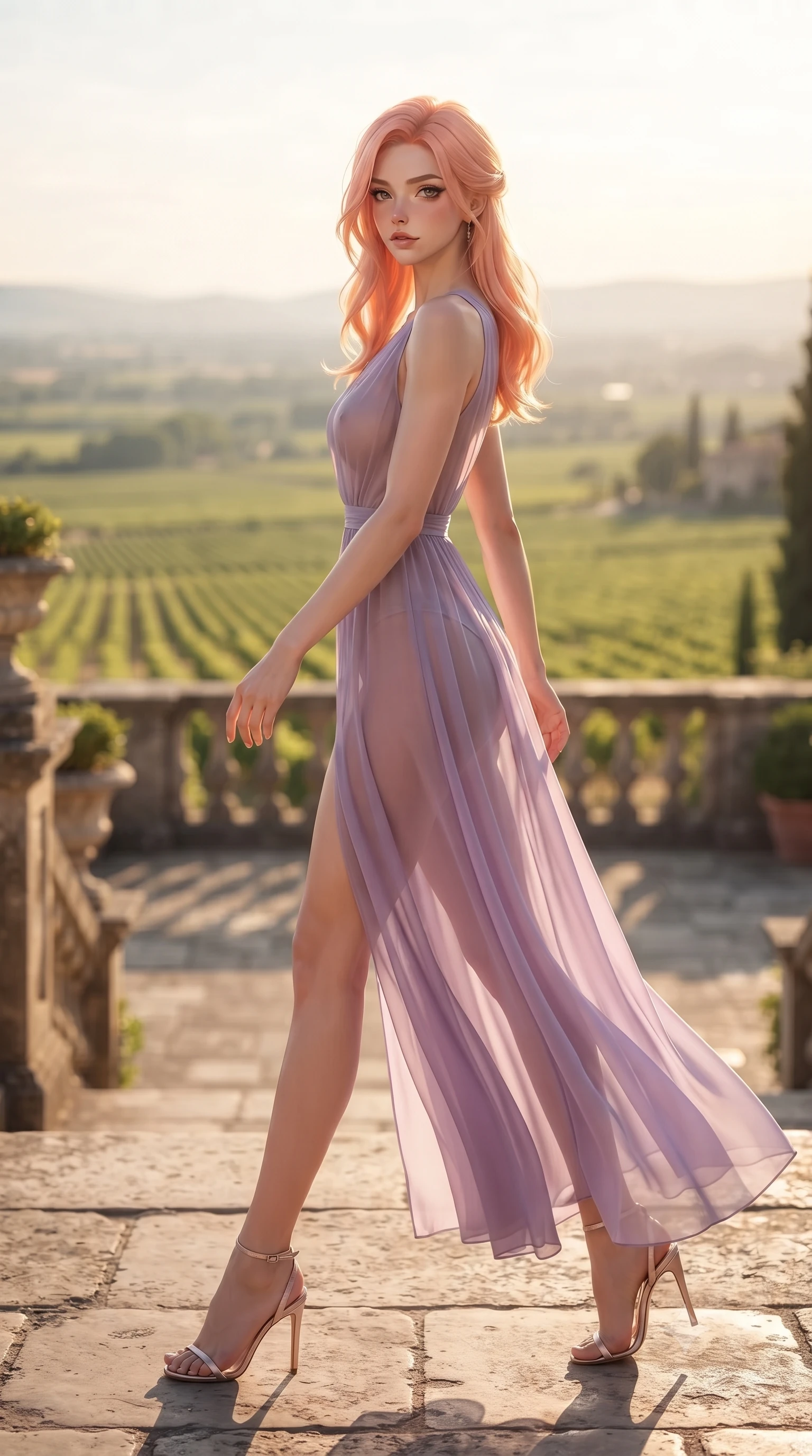 score_9, masterpiece, best quality, ultra-detailed, high-budget anime keyframe, editorial fashion photography, tasteful artistic composition, Japanese woman woman. low angle full-body shot from head to toe showing her feet, filling the entire 9:16 vertical frame with her statuesque presence, stretching her vertical silhouette. stepping gracefully while looking back over her shoulder, her dress draped tightly to reveal her silhouette the background shows a soft-focus a stone terrace of an old estate, looking down at a vast valley of green vineyards. She has an absolutely perfect, statuesque 8.5-heads proportion, an exceptionally tall and slender model-like female figure with impossibly long slender legs and an ultra-slim waist. sharp v-shaped jawline, high-bridge nose, intricate jewel-like eyes with depth, thick eyelashes, glossy lips with a natural sheen. wearing a slim-fit semi-transparent chiffon maxi dress in lavender, showing her silhouette through the sheer fabric. late afternoon sun casting a majestic golden glow over the stone walls. ultra-reflective glossy finish, specular highlights, metallic sheen, high-contrast stereoscopic depth, volumetric dynamic lighting, 2k, ultra detail, master piece, 9:16 ratio