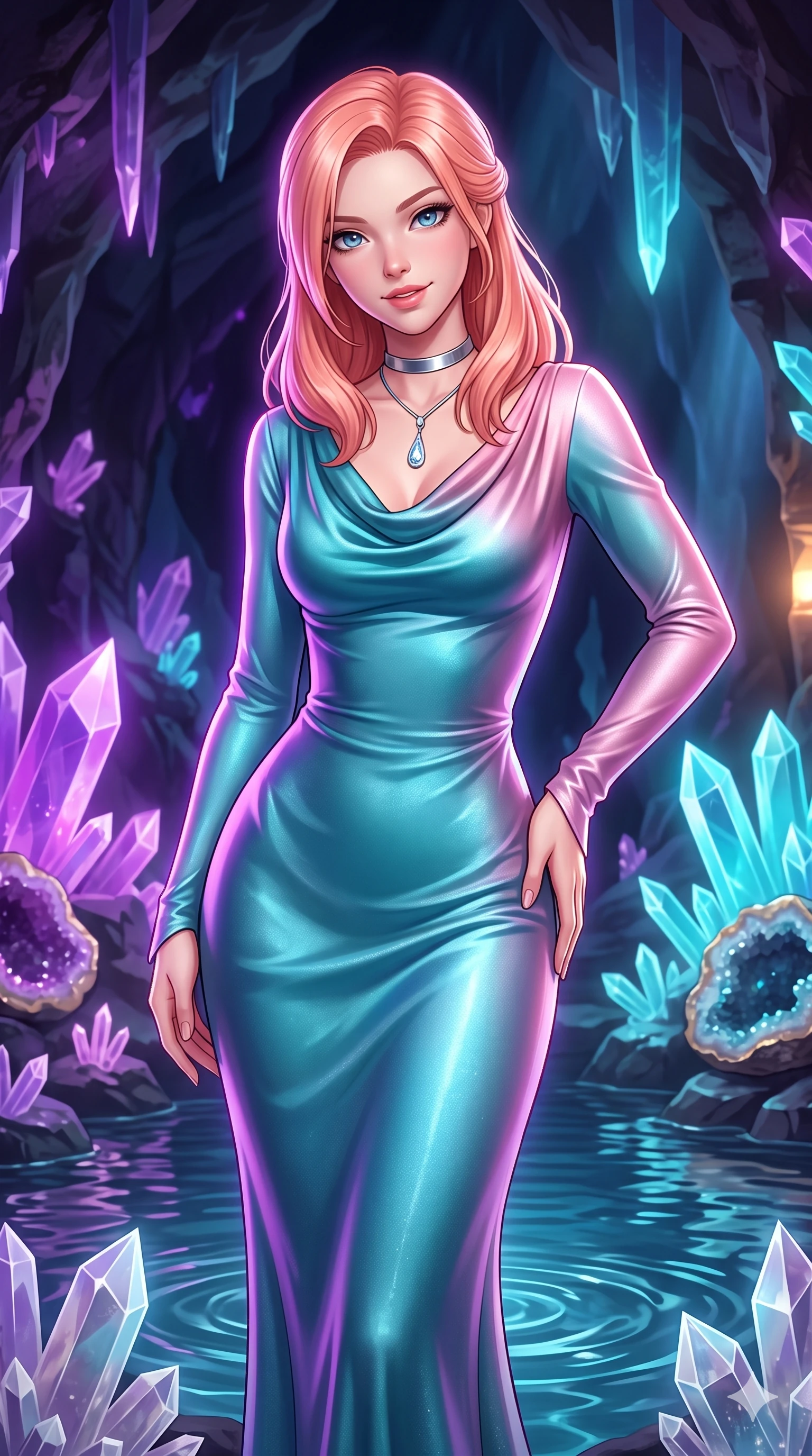 score_9, masterpiece, best quality, ultra-detailed, high-budget anime keyframe, semi-realistic 3D game render, editorial fashion photography, tasteful artistic composition, Japanese woman. close-up cowboy shot from the waist and thighs up, the character dominates the composition, filling the frame with her large presence. tilting her head with a teasing half-smile, running one hand slowly down the side of her hip in a flirtatious S-curve as ambient light caresses her silhouette while twisting her slender torso in an alluring contrapposto stance, purple and cyan crystal luminescence tracing dynamic highlights across her narrow waist and curvy hips. The surrounding environment is rendered in vivid detail and crisp panoramic clarity: sharp geometric quartz crystal termination faces, sparkling geode crust textures, and clear water ripples in deep focus. She has an exceptionally elegant, slender, and willowy female figure with an ultra-slim waist, flat toned midriff, narrow ribcage, and sculpted feminine hips creating an alluring, slim hourglass silhouette without bulk. sharp v-shaped jawline, high-bridge nose, intricate jewel-like sparkling eyes with depth, thick eyelashes, glossy parted lips with a natural peach sheen, bright cheerful beaming smile with an enchanting and coquettish sensual glint, exuding both youthful cute charm and seductive allure, flawlessly proportioned anatomical accuracy, strict slender model proportions, natural body alignment, perfectly sculpted long slender limbs, ultra-slim waistline, clean dynamic posture without body distortion. wearing a refined long-sleeve cowl-neck satin evening gown with modest draped neckline and tailored waistline in subterranean lagoon turquoise and lotus blossom pink, tailored from high-density tech-wool with subtle metallic thread weave, finished with a minimalist chrome choker and a single teardrop diamond pendant, the bespoke structured tailoring following the natural line of her 8.5-heads silhouette with refined elegance. bathed in the natural phosphorescent glow of ultraviolet and cyan crystals combined with warm mineral pool LEDs. highly saturated vibrant anime colors, detailed shading with soft gradients, rich glossy textures, high-contrast stereoscopic depth, volumetric dynamic lighting, master piece, 9:16 ratio