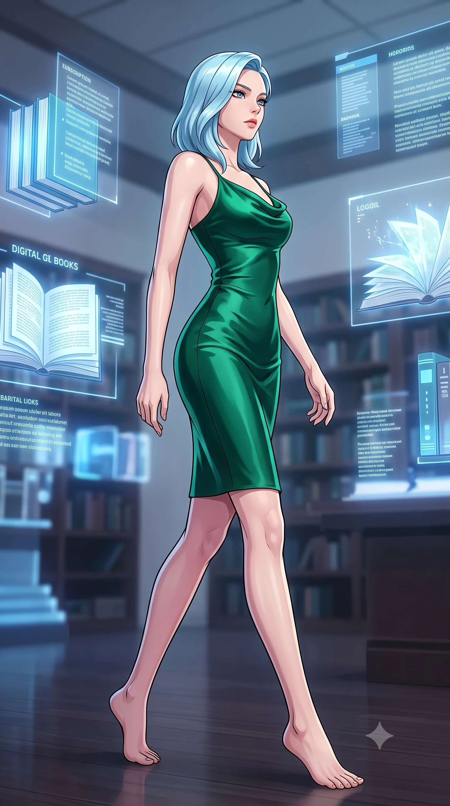 score_9, masterpiece, best quality, ultra-detailed, high-budget anime keyframe, tasteful artistic composition, Korean woman. low angle full-body shot from head to toe showing her feet, filling the entire 9:16 vertical frame with her statuesque presence, stretching her vertical silhouette. stepping gracefully while looking back over her shoulder, her dress draped tightly to reveal her silhouette the background shows a soft-focus a quiet library archives room with digital books emitting soft holograms. She has an absolutely perfect, statuesque 8.5-heads proportion, an exceptionally tall and slender model-like female figure with impossibly long slender legs and an ultra-slim waist. sharp v-shaped jawline, high-bridge nose, intricate jewel-like eyes with depth, thick eyelashes, glossy lips with a natural sheen. wearing a slim-fit form-contouring emerald green silk slip dress that hugs her slender waist and hips. soft white and blue glow casting an intelligent, mysterious ambiance. highly saturated vibrant anime colors, cel-shading, 2d style, master piece, 9:16 ratio