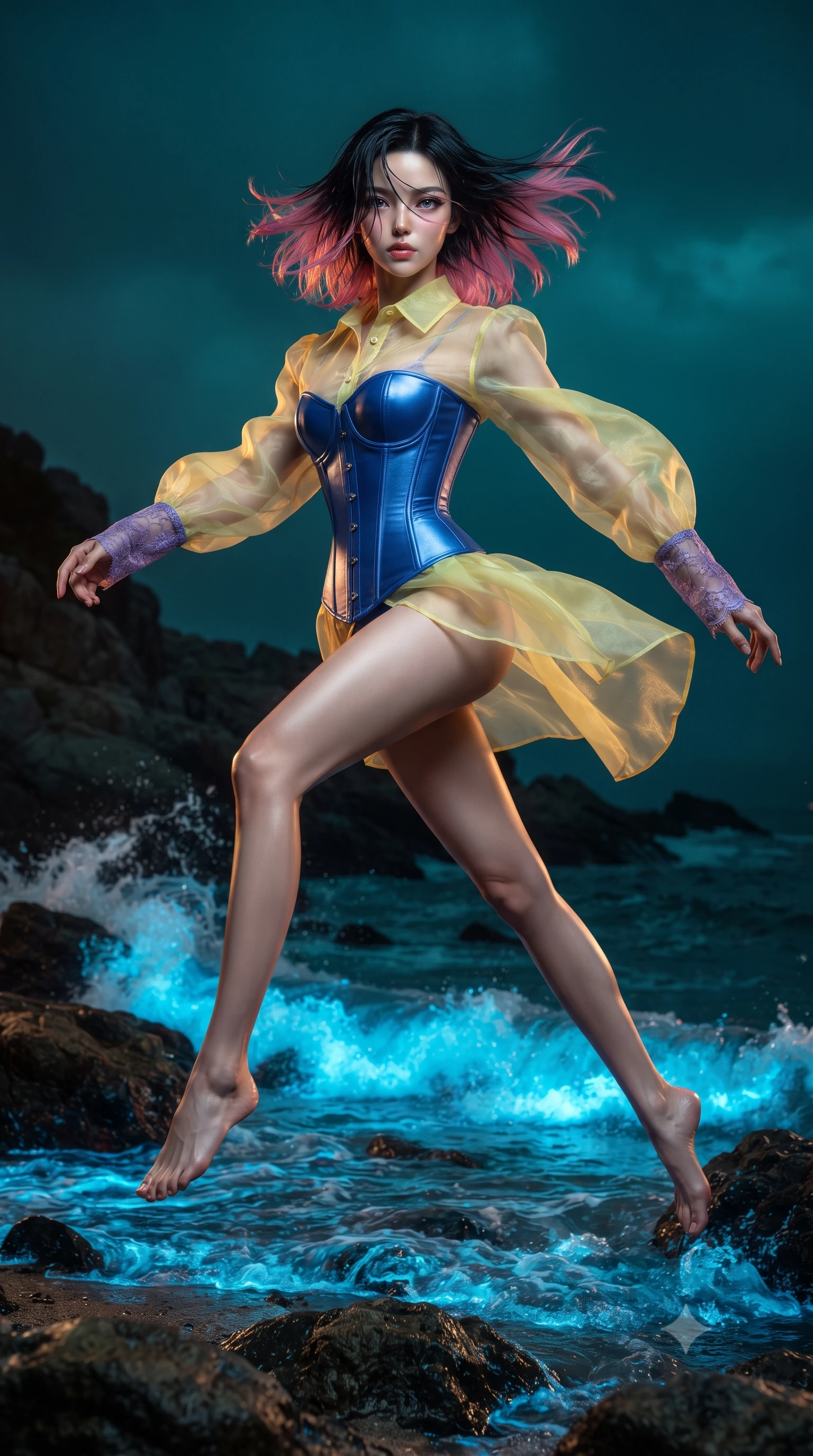 score_9, masterpiece, best quality, ultra-detailed, high-budget anime keyframe, editorial fashion photography, tasteful artistic composition, realistic cosplay photography, Korean woman. low angle full-body shot from head to toe showing her feet, filling the entire 9:16 vertical frame with her statuesque presence, stretching her vertical silhouette. leaping dynamically high in the air while slicing forward with wind-whipped hair through a rocky beach where crashing midnight waves ignite bright neon-blue bioluminescent algae along the shore. She has a statuesque 8.5-heads proportion, an exceptionally tall, slender and willowy model-like build with impossibly long legs and a highly sculpted ultra-slim waist. sharp v-shaped jawline, high-bridge nose, intricate jewel-like eyes with depth, thick eyelashes, glossy lips with a natural sheen. wearing the lightweight fabric rippling and billowing dramatically with her movement, a slim-fit transparent organza blouse in pastel yellow with purple lace cuffs, layered over a structured cobalt blue corset. warm amber rim lighting combined with cool teal fill light creating dramatic contrast. ultra-reflective glossy finish, specular highlights, metallic sheen, high-contrast stereoscopic depth, volumetric dynamic lighting, 2k, ultra detail, master piece, 9:16 ratio