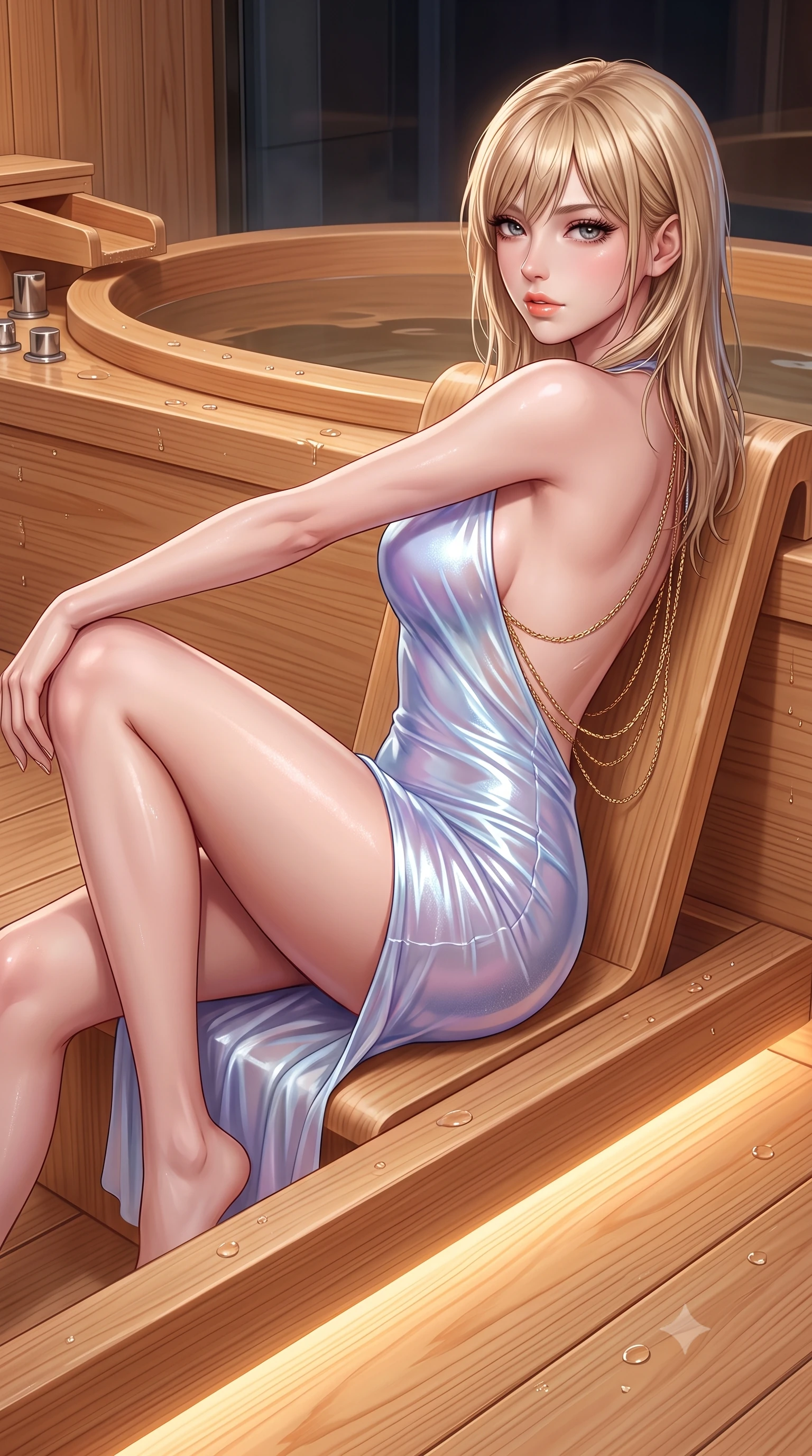 score_9, masterpiece, best quality, ultra-detailed, high-budget anime keyframe, semi-realistic 3D game render, editorial fashion photography, tasteful artistic composition, Japanese woman. close-up cowboy shot from the waist and thighs up, the character dominates the composition, filling the frame with her large presence. perched sideways on the lounge seat, one knee drawn up to showcase her slender leg line while her arched back accentuates her feminine hip curve while reclining inside the colossal aromatic Japanese hinoki wood soaking tub, arching her spine with sultry indulgence against the warm cedar rim. The surrounding environment is rendered in vivid detail and crisp panoramic clarity: sharp straight grain of centuries-old Kiso hinoki wood, water droplet beads on polished wood, and glass reflection seams in deep focus. She has an exceptionally elegant, slender, and willowy female figure with an ultra-slim waist, flat toned midriff, narrow ribcage, and sculpted feminine hips creating an alluring, slim hourglass silhouette without bulk. sharp v-shaped jawline, high-bridge nose, sparkling eyes with hypnotic seductive depth, thick curled eyelashes, glossy parted lips with a natural dewy peach sheen, alluring bedroom-eyes with an enchanting coquettish smile, exuding magnetic siren charisma and sophisticated glamour, flawlessly proportioned anatomical accuracy, strict slender model proportions, natural body alignment, perfectly sculpted long slender limbs, ultra-slim waistline, clean dynamic posture without body distortion. wearing a slinky backless halterneck column mini dress in shimmering liquid vinyl clinging like a second skin in icy aurora-violet and glacial liquid silver, made of sheer gossamer chiffon that drapes softly against skin with airy translucence, accented with an open-back drape framed by falling strands of delicate gold chains, the second-skin tailored fabric adhering flawlessly to her sculpted flat midriff and slender torso, emphasizing her long leg lines and perfectly proportioned willowy build. bathed in soft 2700K concealed warm LED cove lighting glowing beneath the floating hinoki platform. highly saturated vibrant anime colors, detailed shading with soft gradients, rich glossy textures, high-contrast stereoscopic depth, volumetric dynamic lighting, master piece, 9:16 ratio