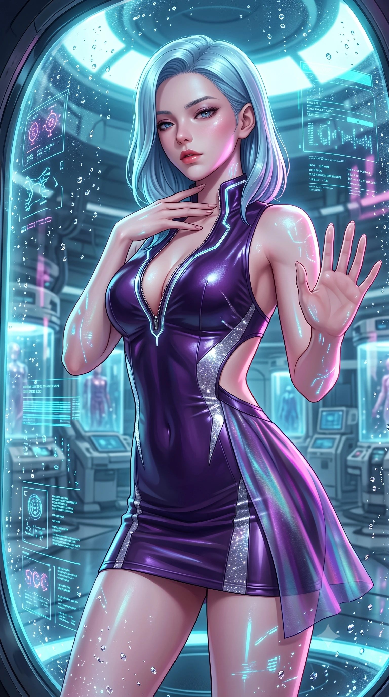 score_9, masterpiece, best quality, ultra-detailed, high-budget anime keyframe, semi-realistic 3D game render, editorial fashion photography, tasteful artistic composition, Korean woman. close-up cowboy shot from the waist and thighs up, the character dominates the composition, filling the frame with her large presence. resting her fingers lightly against her throat while looking down with a smoldering, haughty yet intensely captivating glance while pressing both hands and torso against the curved glass of a glowing nano-fluid incubation chamber. The surrounding environment is rendered in vivid detail and crisp panoramic clarity. crisp glass chamber curvature, sparkling nano-fluid droplet textures, and glowing diagnostic glyphs in deep focus. She has an exceptionally elegant, slender, and willowy female figure with an ultra-slim waist, a gracefully sculpted slender torso, and a refined silhouette. sharp v-shaped jawline, high-bridge nose, intricate jewel-like eyes with depth, thick eyelashes, glossy lips with a natural sheen, flawlessly proportioned anatomical accuracy, natural body alignment, perfectly sculpted elegant limbs, clean dynamic posture without body distortion. wearing a second-skin fashion-latex mini dress with a clean architectural front, featuring an open-back design that wraps around the sides of her waist, showcasing her slender silhouette in dark amethyst purple and shimmering starlight silver, made of smooth iridescent silk chiffon that shifts colors with movement, featuring a dangerously unzipped neckline framed by glowing cybernetic accents, the sleek aerodynamic cut emphasizing her magnetic presence and alluring physical grace. illuminated by cool cyan diagnostic holograms and crisp specular highlights on glass. highly saturated vibrant anime colors, detailed shading with soft gradients, rich glossy textures, high-contrast stereoscopic depth, volumetric dynamic lighting, master piece, 9:16 ratio