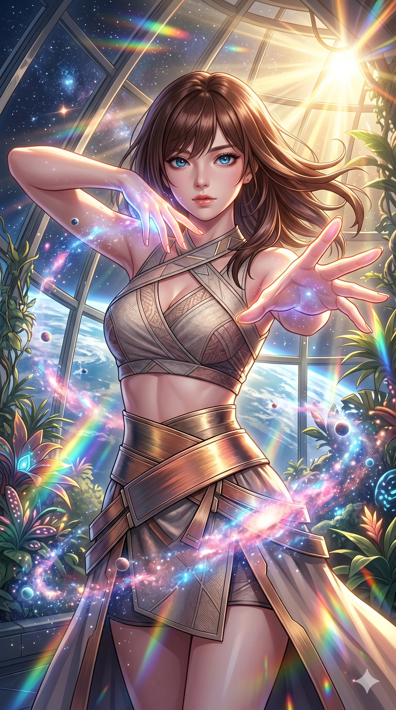 score_9, masterpiece, best quality, ultra-detailed, high-budget anime keyframe, Korean woman. Upper body close-up from the thighs up, character filling the screen for maximum presence. She is posing with dynamic energy as glowing cosmic stardust and floating nebulae swirl around her inside a sunlit orbital conservatory. She looks toward the camera with a captivating, intense gaze. She has an absolutely perfect 8-heads proportion, a tall and elegant figure with a refined silhouette and a defined waistline. V-shaped jawline, high-bridge nose, intricate jewel-like eyes with depth, thick eyelashes, glossy lips with a natural sheen. She is wearing a cropped cyber-fusion wrap top with delicate textured panels, a geometric crossover collar, and a high-waisted metallic sash highlighting her defined waistline. The scene is bathed in brilliant, high-contrast golden solar rays and refracting rainbow lens flares. 2k, ultra detail, master piece, 9:16 ratio