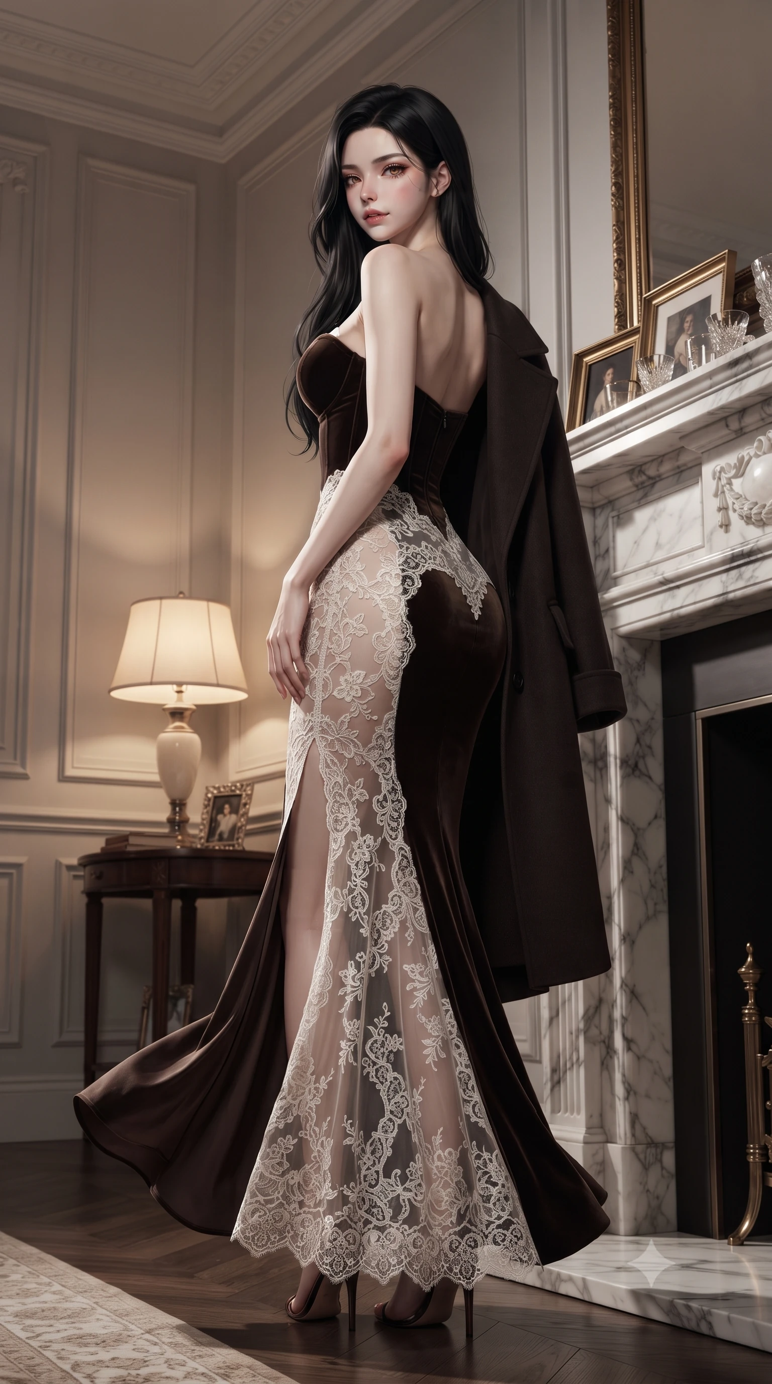 score_9, masterpiece, best quality, ultra-detailed, high-budget anime keyframe, editorial fashion photography, tasteful artistic composition, Korean woman. low angle full-body shot from head to toe showing her feet, filling the entire 9:16 vertical frame with her statuesque presence, stretching her vertical silhouette. executing a slow, elegant turn as her liquid gown flutters around her slender legs, glancing over her shoulder with an intoxicating, seductive bedroom-gaze while standing poised beside a towering marble fireplace with hips cocked back, casting an alluring, sovereign gaze toward the viewer. The surrounding environment is rendered in vivid detail and crisp panoramic clarity. detailed tailored suit or dress weave, jewelry shine, and Mayfair townhouse interior clarity in high resolution. She has an exceptionally tall and slender model-like 8.5-heads proportion, an ultra-slim waist, a flat toned midriff, narrow delicate ribcage, and beautifully sculpted feminine hips creating a graceful, slim hourglass silhouette without any bulky heaviness, with impossibly long slender legs. sharp v-shaped jawline, high-bridge nose, intricate jewel-like dark sparkling eyes with dangerous depth, thick curled eyelashes, glossy parted lips with a rich wine sheen, smoldering seductive half-smile with bedroom-eyes, exuding effortless superiority and intoxicating dark allure, flawlessly proportioned anatomical accuracy, strict slender model proportions, natural body alignment, perfectly sculpted long slender limbs, ultra-slim waistline, clean dynamic posture without body distortion. wearing a sweetheart-neckline velvet bustier paired with a curve-hugging high-slit mermaid maxi skirt in dark espresso brown and pearlescent ivory, crafted from sheer delicate Chantilly lace with intricate gothic floral motifs, complemented by an oversized dark cashmere coat draped casually over one shoulder, the precision-cut side openings and low-back scoop framing her graceful spine and the sensual sweep of her slim, toned hips. bathed in soft warm table lamp ambient fill and deep atmospheric shadow tones. ultra-reflective glossy finish, specular highlights, rich textural contrasts, high-contrast stereoscopic depth, volumetric dynamic lighting, 2k, ultra detail, master piece, 9:16 ratio