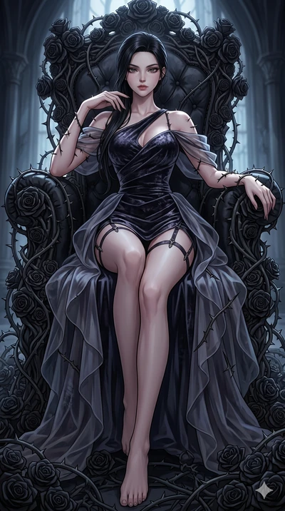 score_9, masterpiece, best quality, ultra-detailed, High-budget Anime Keyframe, East Asian woman. Dynamic full-body shot stretching the vertical silhouette to the limit. Scenario 180: Resting on a throne of black roses, thorns grazing her skin. Her p