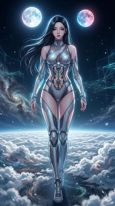 score_9, masterpiece, best quality, ultra-detailed, high-budget anime movie keyframe, cinematic anime lighting, intricate line art, Caucasian (strictly human ears) woman. Low angle cowboy shot filling the entire 9:16 frame with her statuesque presenc