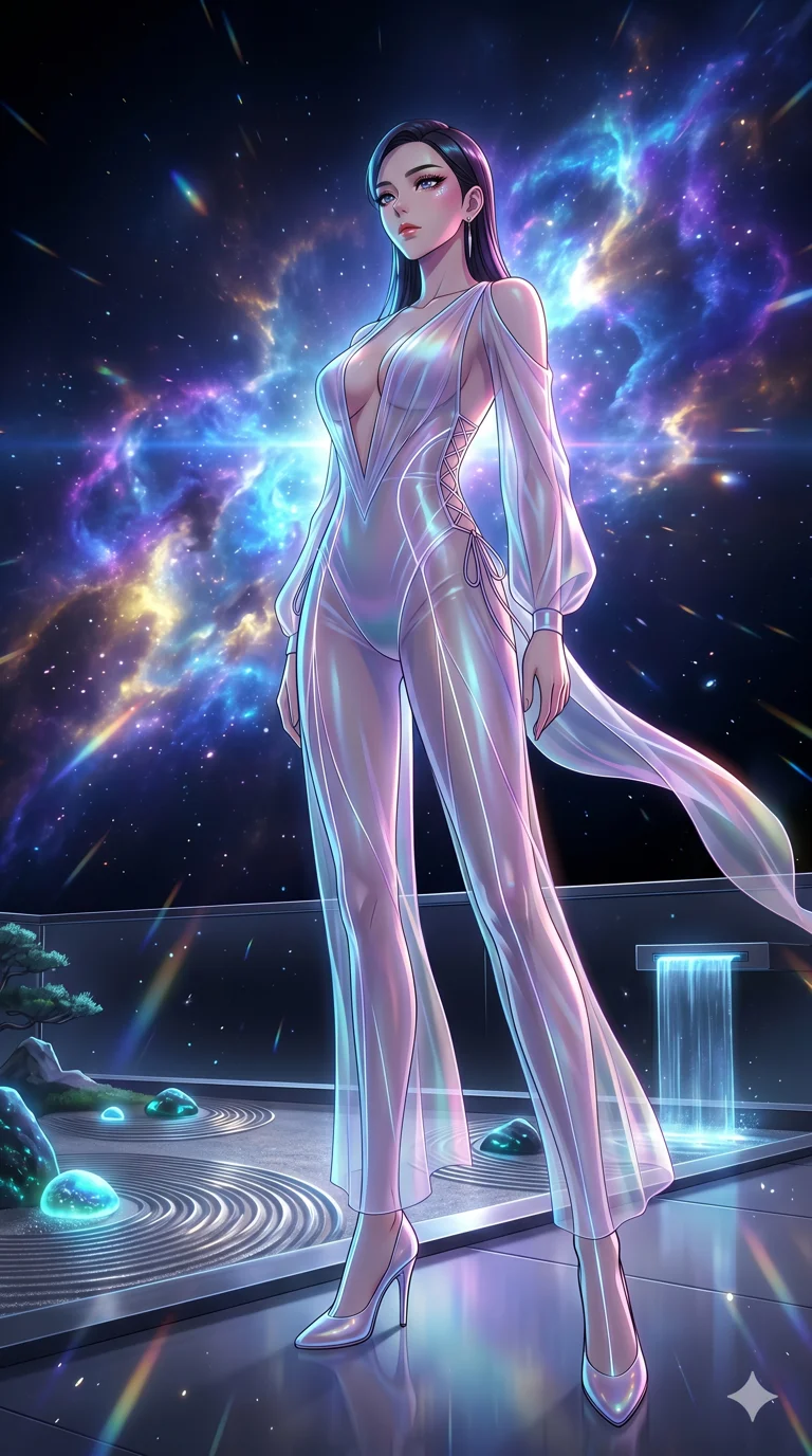 score_9, masterpiece, best quality, ultra-detailed, High-budget Anime Keyframe, vibrant colors, fluid line-art, expressive lighting, cinematic composition, Ufotable-style visual effects, top-tier animation quality, Korean woman with idol-like refined features. Wide-angle low shot emphasizing her impossibly long slender legs and commanding stature. Observing the slow birth of a new nebula from her private balcony on a space station, the colors reflecting in her eyes. She has an absolutely perfect 8-heads proportion, an exceptionally tall and slender female figure with impossibly long slender legs and an ultra-slim waist, her statuesque height and towering silhouette dominating the vertical 9:16 frame. Her face is a masterpiece featuring a sharp v-shaped jawline, high-bridge nose, intricate jewel-like eyes with depth, thick eyelashes, and glossy lips with a natural sheen. She is wearing a Iridescent sheer catsuit with glowing lines that pulse in sync with her heartbeat crafted from Sheer silk that is almost transparent, flowing like water around her statuesque frame, featuring a deep plunging neckline and delicate lace-up side details. The scene is set in a serene Zen garden with metallic sand, glowing stones, and a holographic waterfall, illuminated by dynamic strobe effects that capture her movement in a series of sharp fragments. 2k, ultra detail, master piece, 9:16 ratio