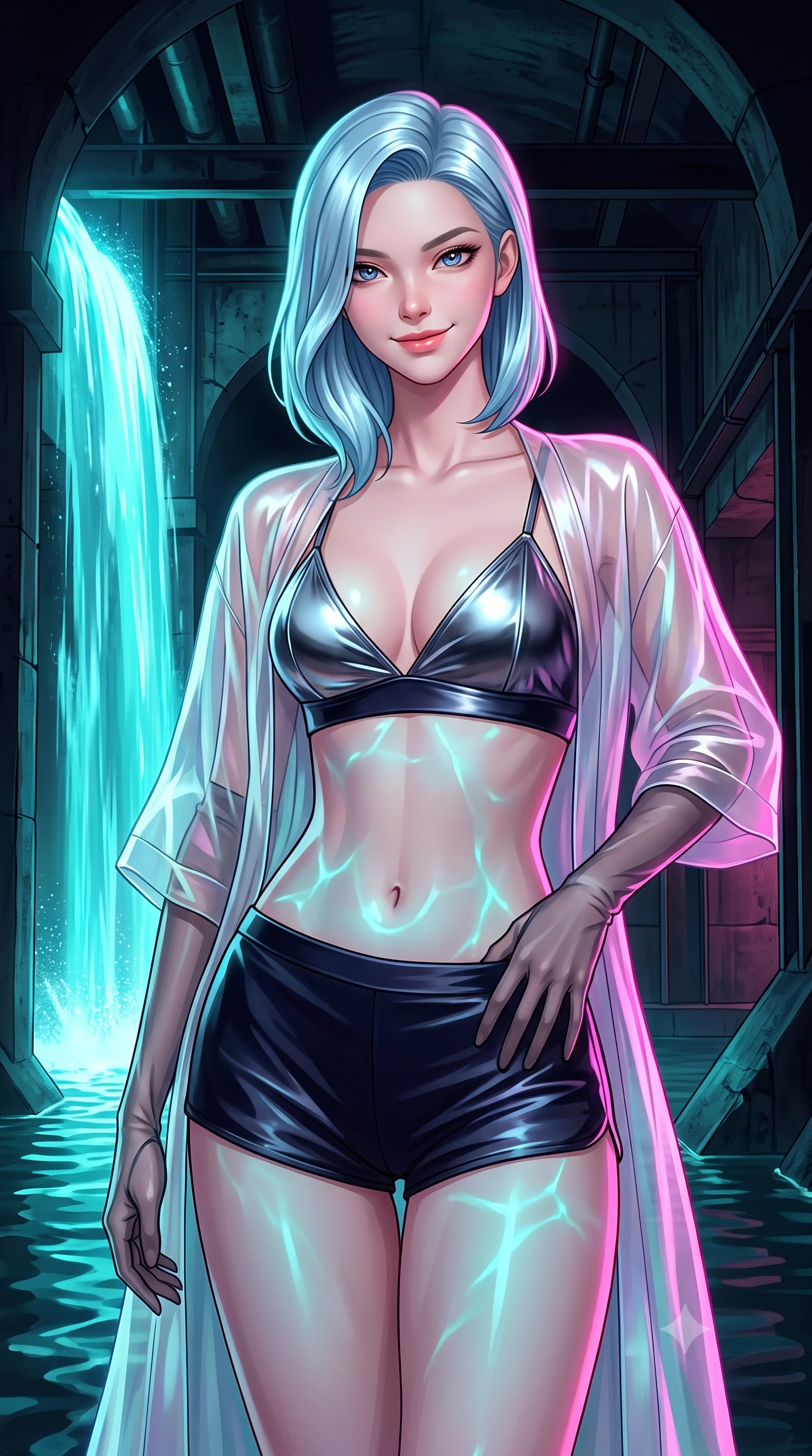 score_9, masterpiece, best quality, ultra-detailed, high-budget anime keyframe, semi-realistic 3D game render, editorial fashion photography, tasteful artistic composition, Korean woman. close-up cowboy shot from the waist and thighs up, the character dominates the composition, filling the frame with her large presence. tilting her head with a teasing half-smile, running one hand slowly down the side of her hip in a flirtatious S-curve as ambient light caresses her silhouette while twisting her slender torso in an alluring S-curve beside the cascading neon waterfall, vibrant aqua caustics playing across her flat midriff and hips. The surrounding environment is rendered in vivid detail and crisp panoramic clarity: detailed outfit texture, dynamic anime shading, and atmospheric subterranean canal engineering in razor-sharp precision. She has an exceptionally elegant, slender, and willowy female figure with an ultra-slim waist, flat toned midriff, narrow ribcage, and sculpted feminine hips creating an alluring, slim hourglass silhouette without bulk. sharp v-shaped jawline, high-bridge nose, intricate jewel-like sparkling eyes with depth, thick eyelashes, glossy parted lips with a natural peach sheen, bright cheerful beaming smile with an enchanting and coquettish sensual glint, exuding both youthful cute charm and seductive allure, flawlessly proportioned anatomical accuracy, strict slender model proportions, natural body alignment, perfectly sculpted long slender limbs, ultra-slim waistline, clean dynamic posture without body distortion. wearing a translucent iridescent organza kimono robe slipping off bare shoulders over a matching satin micro-bralette and shorts in liquid mercury chrome and deep midnight obsidian, made of sheer gossamer chiffon that drapes softly against skin with airy translucence, complemented by sheer opera-length evening gloves tracing her slender arms, the liquid-tight tailored fabric clinging flawlessly to her narrow waist and rounded feminine hips, emphasizing every millimeter of her sculpted slim hourglass curves without any bulky heaviness. illuminated by canal water reflection bounce and sharp neon-pink rim lights sculpting her jawline, narrow waist, and curvy hips. highly saturated vibrant anime colors, detailed shading with soft gradients, rich glossy textures, high-contrast stereoscopic depth, volumetric dynamic lighting, master piece, 9:16 ratio