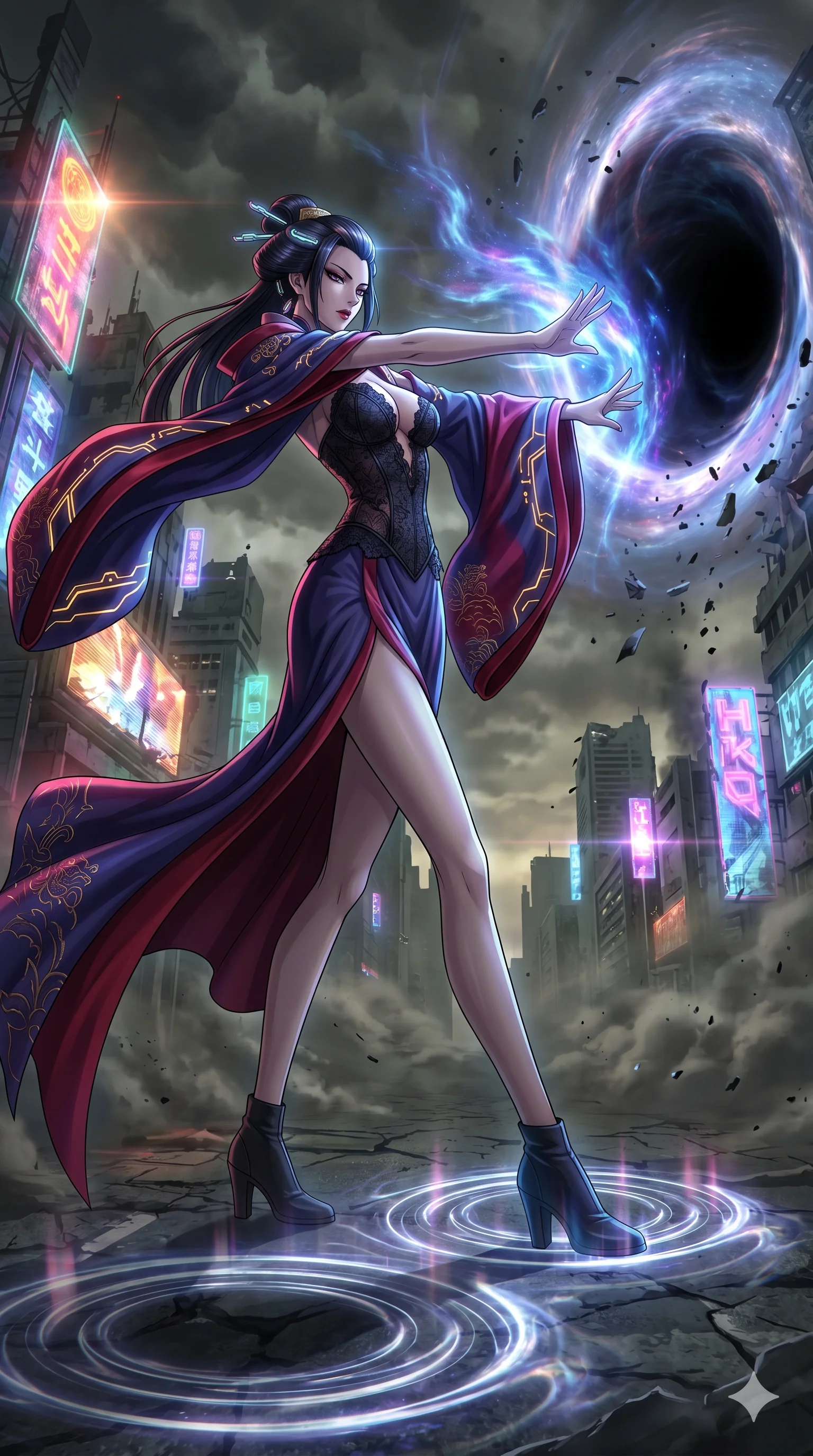 score_9, masterpiece, best quality, ultra-detailed, Set A: High-budget Anime Keyframe, Japanese woman. Low angle cowboy shot filling the entire 9:16 frame with her statuesque presence. Theme: Urban Decay. unleashing a massive energy wave in the edge of a black hole, as she steps on ripples of time that distort the space 71. The atmosphere is filled with heavy smog with neon flares. She has an absolutely perfect 8-heads proportion, an exceptionally tall and slender female figure with impossibly long slender legs and an ultra-slim waist. Sharp v-shaped jawline, high-bridge nose, intricate jewel-like eyes with depth, glossy lips. Wearing Futuristic court-lady gown with massive sleeves and a deep-cut lace bodice. Cinematic lighting, vivid colors, dramatic shadows, 2k, ultra detail, master piece, 9:16 ratio