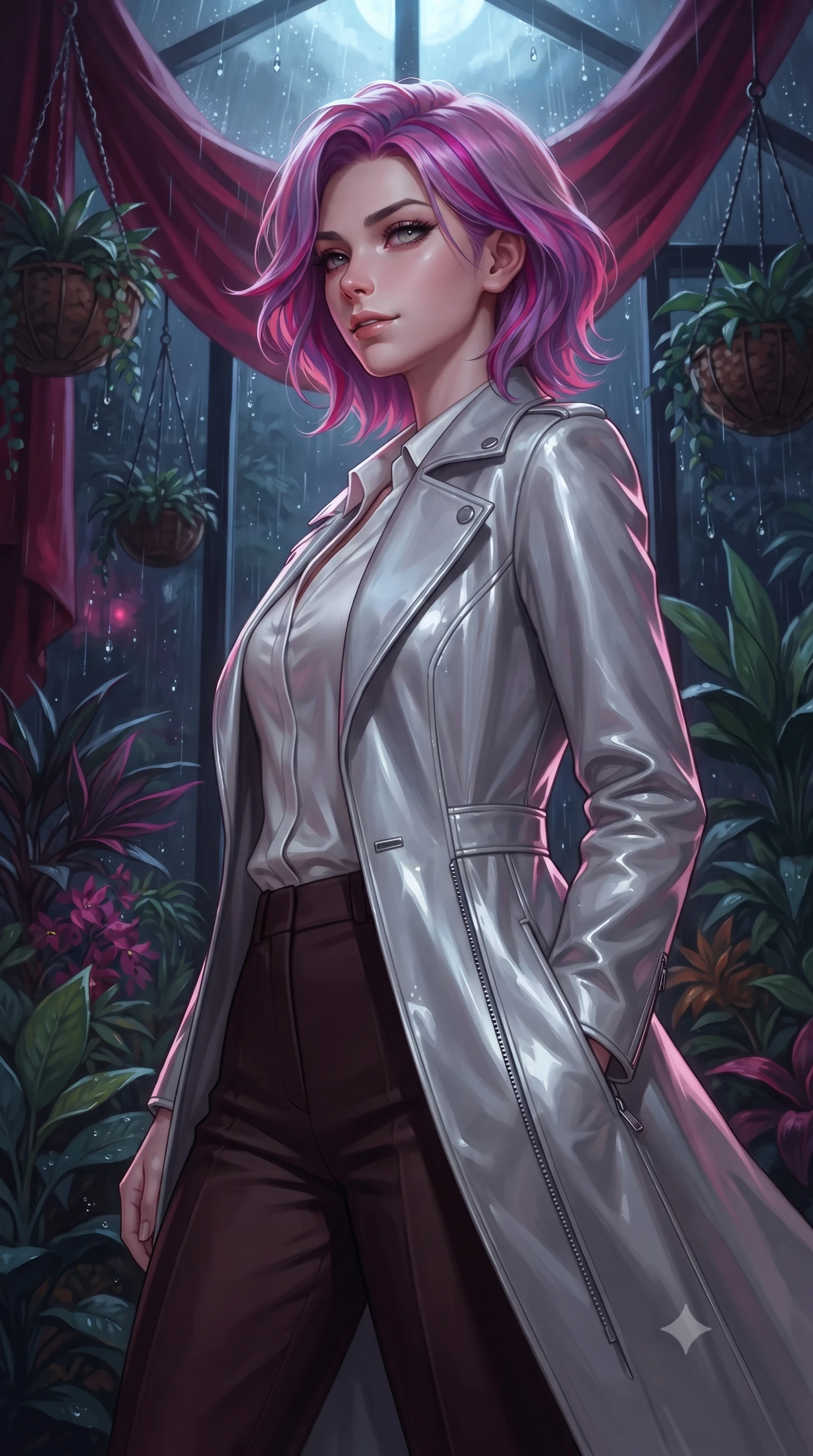 score_9, masterpiece, best quality, ultra-detailed, high-budget anime keyframe, editorial fashion photography, tasteful artistic composition, Caucasian woman. close-up cowboy shot from the waist and thighs up, the character dominates the composition, filling the frame with her large presence, background elements kept in soft focus. Glancing sidelong over her shoulder with a smoldering, enigmatic half-smile, navigating a shadowy plant sanctuary filled with suspended crimson silk drapes, rain droplets streaming down dark glass panes glinting under silver moon rays. She has an exceptionally elegant, slender, and willowy female figure with an ultra-slim waist, a gracefully sculpted slender torso, and a refined silhouette. sharp v-shaped jawline, high-bridge nose, intricate jewel-like eyes with depth, thick eyelashes, glossy lips with a natural sheen. wearing structured platinum leather long coat over white silk blouse and tailored slacks in dark mahogany, made of high-gloss liquid vinyl, finished with metallic silver boning and sleek zipper points, contouring every curve with an exceptionally elegant silhouette. illuminated by eerie ruby orchid glow and cold silver moonlight from above. ultra-reflective glossy finish, specular highlights, metallic sheen, high-contrast stereoscopic depth, volumetric dynamic lighting, 2k, ultra detail, master piece, 9:16 ratio