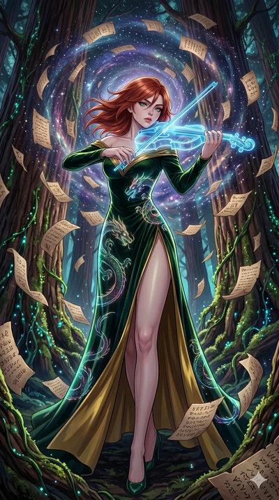 score_9, masterpiece, best quality, ultra-detailed, Set A: High-budget Anime Keyframe, Caucasian (human ears) woman. Low angle cowboy shot filling the entire 9:16 frame with her statuesque presence. Theme: Primal Nature. playing a holographic violin 