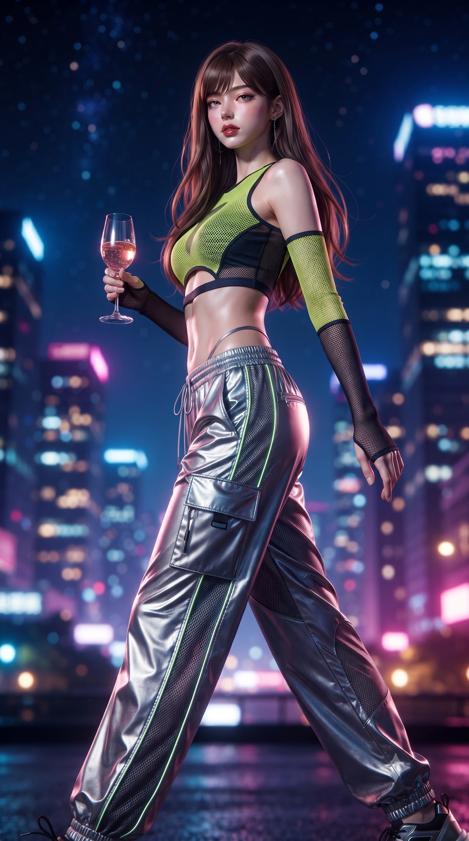score_9, masterpiece, best quality, ultra-detailed, high-budget anime keyframe, editorial fashion photography, tasteful artistic composition, Korean woman. low angle full-body shot from head to toe showing her feet, filling the entire 9:16 vertical frame with her statuesque presence, stretching her vertical silhouette. stepping forward gracefully in mid-motion, displaying her toned flat midriff and flawlessly sculpted slender limbs while holding a chilled glass of vintage rosé, casting a smoldering, confident gaze over her shoulder into the lens. The composition keeps background elements in soft focus with creamy bokeh. dazzling skyscraper metropolis light clusters and starry night skies blurred into deep sapphire, magenta, and gold bokeh. She has an absolutely perfect, statuesque 8.5-heads proportion, an exceptionally tall and slender model-like female figure with impossibly long slender legs, a toned flat midriff, and an ultra-slim waist. sharp v-shaped jawline, high-bridge nose, intricate jewel-like eyes with depth, thick eyelashes, glossy lips with a natural sheen, captivating and magnetic expression, flawlessly proportioned anatomical accuracy, strict slender model proportions, natural body alignment, perfectly sculpted long slender limbs, ultra-slim waistline, clean dynamic posture without body distortion. wearing a sporty Y2K mesh-paneled crop top with asymmetrical sleeve warmers and low-slung metallic track pants in acid lime green and dark obsidian, made of breathable technical athletic mesh and liquid-finish track nylon, finished with glowing fiber-optic seam piping and miniature utility pouches edition #25, the precision-cut daring openings accentuating her delicate midriff, graceful bare collarbones, and ultra-slim feminine waistline. surrounded by a cosmopolitan, elite, and intensely magnetic modern royalty aura. ultra-reflective glossy finish, specular highlights, rich textural contrasts, high-contrast stereoscopic depth, volumetric dynamic lighting, 2k, ultra detail, master piece, 9:16 ratio
