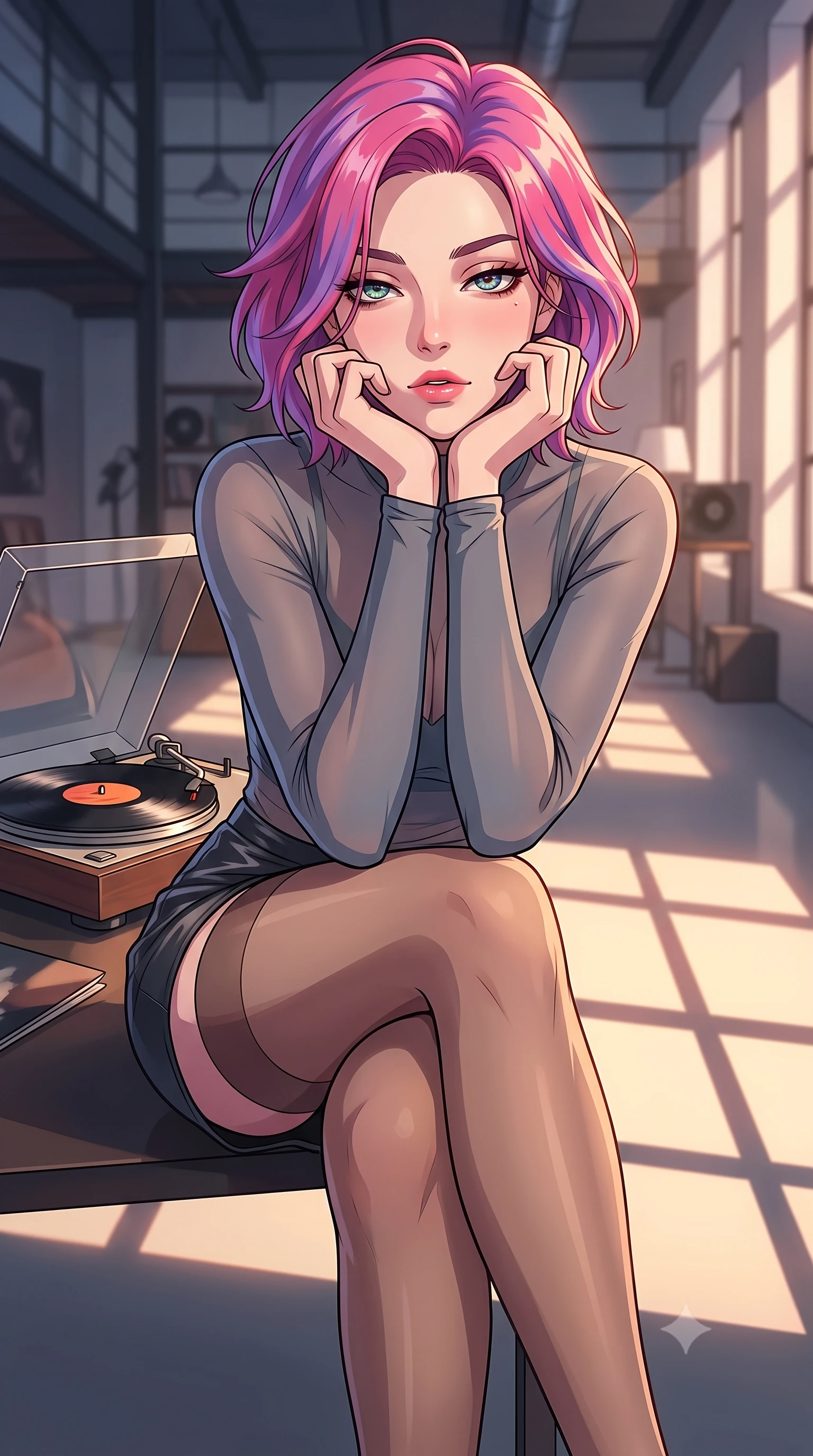 score_9, masterpiece, best quality, ultra-detailed, high-budget anime keyframe, tasteful artistic composition, Caucasian woman. close-up cowboy shot from the waist and thighs up, the character dominates the composition, filling the frame with her large presence, background elements kept in soft focus. resting her chin on the backs of her fingers, casting a heavy-lidded, sultry look past the camera the background shows a soft-focus a modern loft studio apartment with high ceilings and a record player spinning a vinyl. She has an exceptionally elegant, slender, and willowy female figure with an ultra-slim waist, a gracefully sculpted slender torso, and a refined silhouette. sharp v-shaped jawline, high-bridge nose, intricate jewel-like eyes with depth, thick eyelashes, glossy lips with a natural sheen. wearing a form-contouring semi-transparent mesh top in slate grey, paired with a leather mini skirt and sheer stockings. warm evening sunlight casting long geometric shadow lines across the floor. highly saturated vibrant anime colors, cel-shading, 2d style, master piece, 9:16 ratio