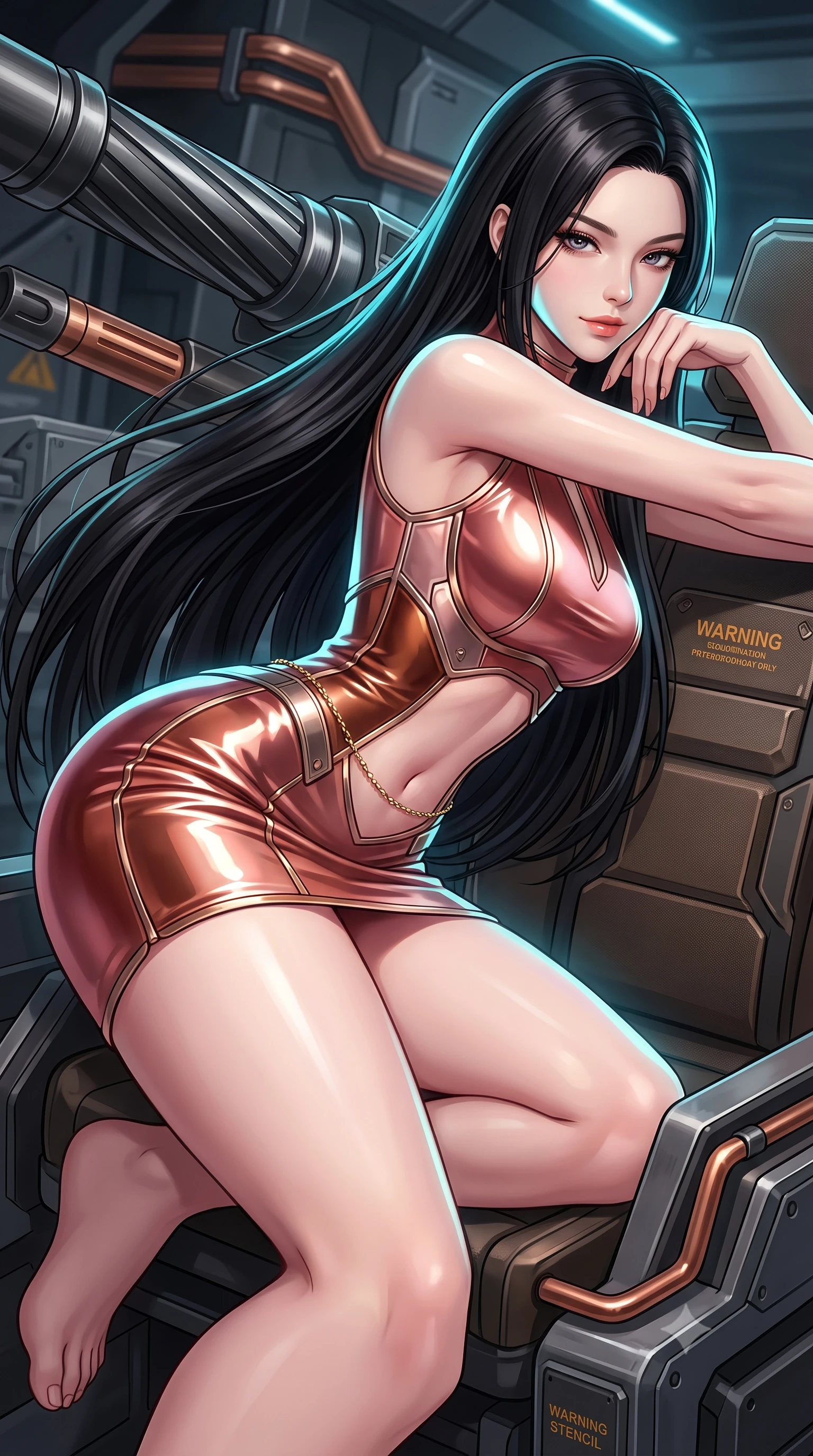 score_9, masterpiece, best quality, ultra-detailed, high-budget anime keyframe, semi-realistic 3D game render, editorial fashion photography, tasteful artistic composition, Korean woman. close-up cowboy shot from the waist and thighs up, the character dominates the composition, filling the frame with her large presence. leaning forward while arching her lower back to accentuate her curvy hips, looking into the camera with an intoxicating smoldering gaze and bedroom-eyes while lounging gracefully across the tactical gunner seat propped on one elbow with legs extended, displaying her long slender limbs and statuesque hourglass silhouette with regal anime flair. The surrounding environment is rendered in vivid detail and crisp panoramic clarity: sharp brushed gunmetal barrel rifling grooves, copper bus-bar conduits, and warning stencils on armor plates in deep focus. She has an exceptionally elegant, slender, and willowy female figure with an ultra-slim waist, flat toned midriff, narrow ribcage, and sculpted feminine hips creating an alluring, slim hourglass silhouette without bulk. sharp v-shaped jawline, high-bridge nose, intricate jewel-like sparkling eyes with depth, thick eyelashes, glossy parted lips with a natural peach sheen, bright cheerful beaming smile with an enchanting and coquettish sensual glint, exuding both youthful cute charm and seductive allure, flawlessly proportioned anatomical accuracy, strict slender model proportions, natural body alignment, perfectly sculpted long slender limbs, ultra-slim waistline, clean dynamic posture without body distortion. wearing a tailored liquid velvet combat sheath dress with subtle metallic piping following her feminine curves without bulk in high-gloss rose-gold and burnished copper, tailored from high-gloss patent leather with mirror-like specular highlights, accented with a dainty gold belly chain resting across her flat midriff and curving hips, the bespoke structured tailoring following the natural line of her 8.5-heads silhouette with refined elegance. illuminated by titanium deck reflection bounce and sharp electric-cyan rim lights sculpting her jawline, narrow waist, and curvy hips. highly saturated vibrant anime colors, detailed shading with soft gradients, rich glossy textures, high-contrast stereoscopic depth, volumetric dynamic lighting, master piece, 9:16 ratio