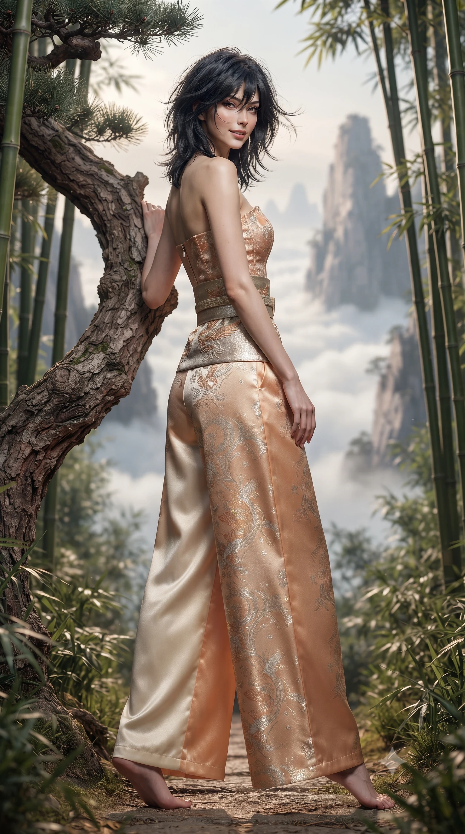 score_9, masterpiece, best quality, ultra-detailed, high-budget anime keyframe, editorial fashion photography, tasteful artistic composition, Caucasian woman. low angle full-body shot from head to toe showing her feet, filling the entire 9:16 vertical frame with her statuesque presence, stretching her vertical silhouette. walking slowly through the bamboo pathway, looking back over her shoulder with an air of effortless oriental grace and an alluring, smoldering smile while leaning against a gnarled ancient pine trunk with hips cocked back, looking over her shoulder with an alluring, wind-swept smile. The background shows a soft-focus towering jagged granite peaks piercing through endless rolling white cloud seas blurred into peach, ink-wash slate, and gold bokeh. She has an absolutely perfect, statuesque 8.5-heads proportion, an exceptionally tall and slender model-like female figure with impossibly long slender legs, an ultra-slim waist, a flat toned midriff, narrow delicate ribcage, and beautifully sculpted feminine hips creating a graceful, slim hourglass silhouette without any bulky heaviness. sharp v-shaped jawline, high-bridge nose, intricate jewel-like dark sparkling almond eyes with depth, thick lashes, glossy parted lips with a natural rose-plum sheen, bright alluring and coquettish smile with bedroom-eyes, exuding both timeless oriental elegance and sovereign high-fashion allure, flawlessly proportioned anatomical accuracy, strict slender model proportions, natural body alignment, perfectly sculpted long slender limbs, ultra-slim waistline, clean dynamic posture without body distortion. wearing a strapless structured silk brocade bustier top paired with flowing wide-leg satin palazzo trousers cinched at the waist in warm peach apricot and soft vanilla silk, woven from metallic gold and silver thread casting subtle starlight glints, finished with a wide metallic obi sash with intricate embroidered phoenix motifs, the precision-cut side hip slits and low-back scoop framing her graceful spine and the sensual sweep of her slim, toned hips. illuminated by white cloud bounce fill and sharp warm-gold rim lighting sculpting her razor-sharp jawline, narrow waist, and curvy hips. ultra-reflective glossy finish, specular highlights, rich textural contrasts, high-contrast stereoscopic depth, volumetric dynamic lighting, 2k, ultra detail, master piece, 9:16 ratio