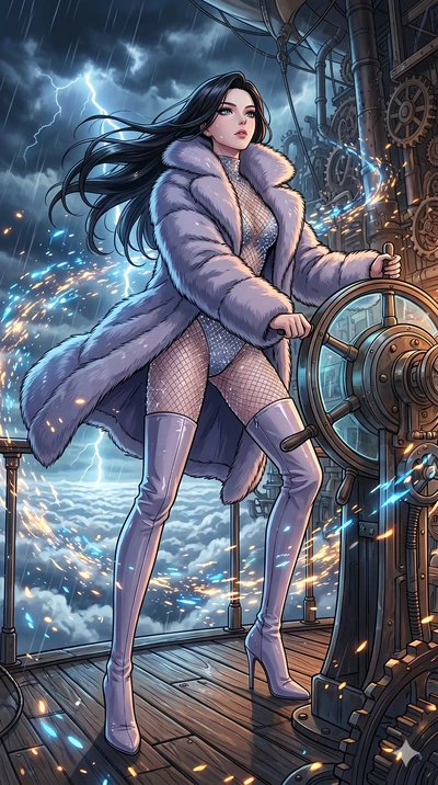 score_9, masterpiece, best quality, ultra-detailed, high-budget anime movie keyframe, cinematic anime lighting, intricate line art, Japanese woman. Low angle cowboy shot filling the entire 9:16 frame with her statuesque presence. navigating a sea of 