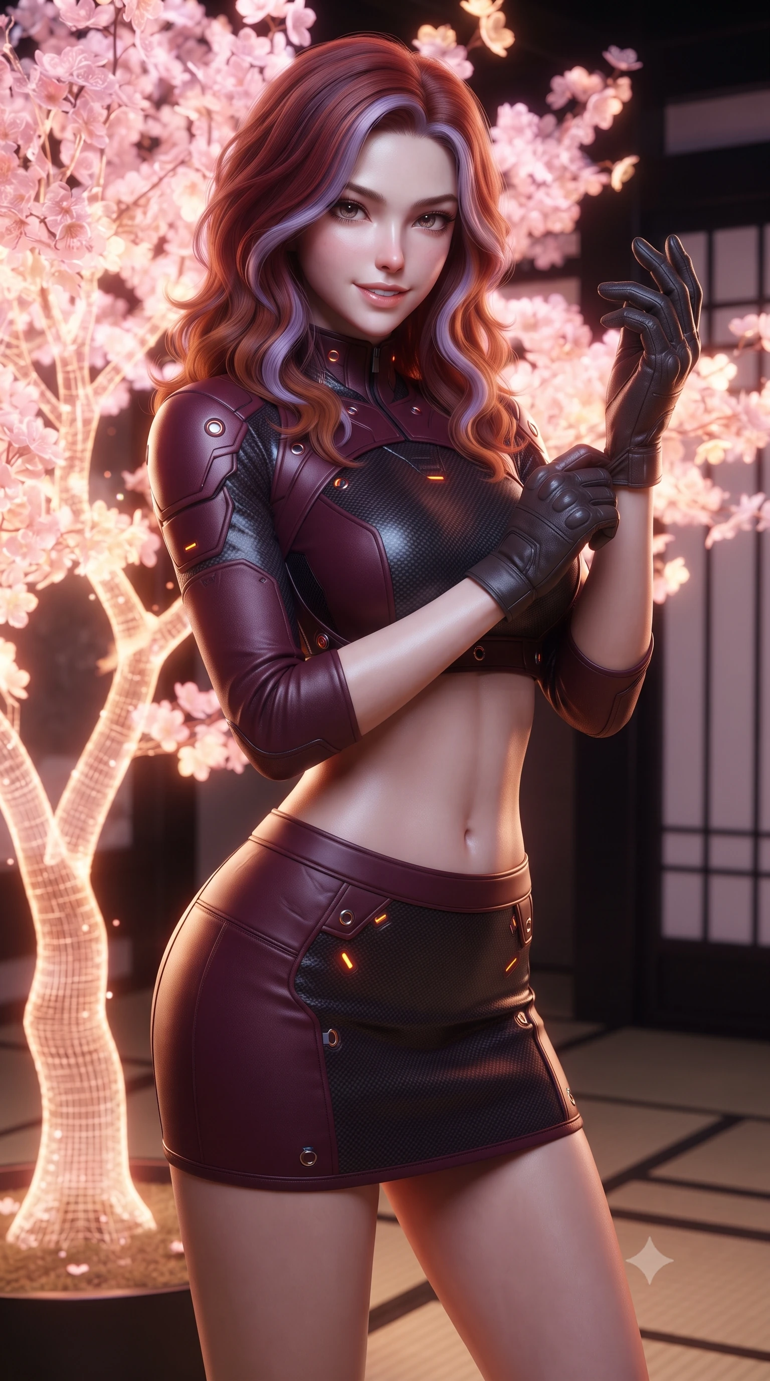 score_9, masterpiece, best quality, ultra-detailed, high-budget anime keyframe, editorial fashion photography, tasteful artistic composition, Caucasian woman. close-up cowboy shot from the waist and thighs up, the character dominates the composition, filling the frame with her large presence. adjusting her tactical glove with cool confidence, her bright smile capturing fresh girlhood charm while her arched torso reveals an intoxicating hip contour while standing poised beside a glowing holographic cherry blossom tree with hips cocked back, looking into the camera with bedroom-eyes. The surrounding environment is rendered in vivid detail and crisp panoramic clarity: sharp glass tatami grid lines, black lacquer pillar reflections, and digital petal wireframe clarity in deep focus. She has an exceptionally elegant, slender, and willowy female figure with an ultra-slim waist, flat toned midriff, narrow ribcage, and sculpted feminine hips creating an alluring, slim hourglass silhouette without bulk. sharp v-shaped jawline, high-bridge nose, intricate jewel-like sparkling eyes with depth, thick eyelashes, glossy parted lips with a natural sheen, bright confident smile with an enchanting and coquettish sensual glint, exuding both youthful magnetic charm and sovereign high-tech allure, flawlessly proportioned anatomical accuracy, strict slender model proportions, natural body alignment, perfectly sculpted long slender limbs, ultra-slim waistline, clean dynamic posture without body distortion. wearing a modern mecha-suit two-piece set featuring a cropped armored bolero top and micro tactical skirt with chrome rings in deep wine crimson and dark carbon weave, made of supple second-skin compression stretch jersey clinging flawlessly to her form, accented with subtle hexagonal heat-sink vents glowing with dim orange thermal heat, the form-fitting tactical tailoring adhering flawlessly to her sculpted flat midriff and slender torso, emphasizing her long leg lines and perfectly proportioned willowy build. bathed in soft, romantic cherry-pink and warm amber holographic glow. ultra-reflective glossy finish, specular highlights, rich textural contrasts, high-contrast stereoscopic depth, volumetric dynamic lighting, 2k, ultra detail, master piece, 9:16 ratio