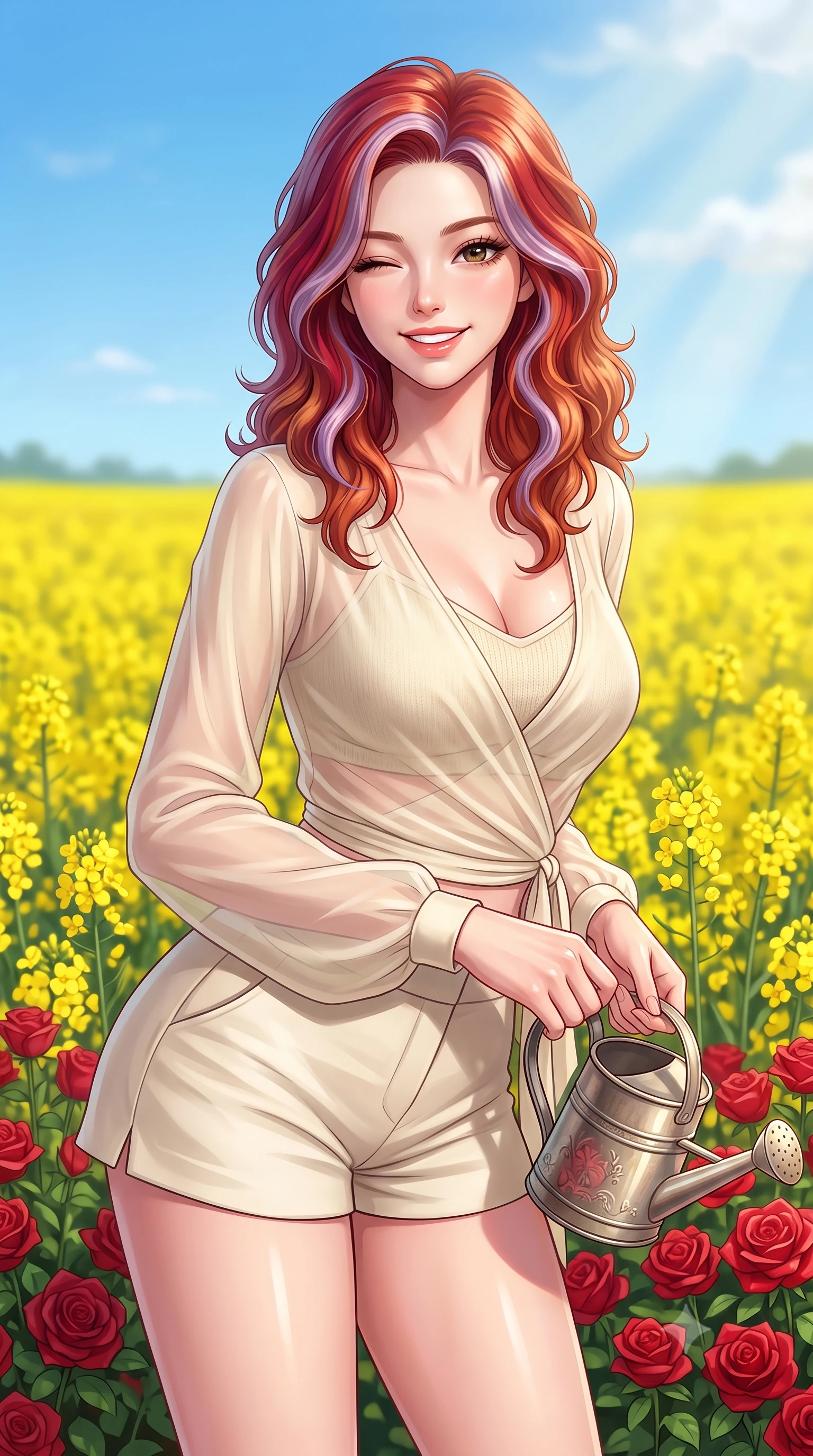 score_9, masterpiece, best quality, ultra-detailed, high-budget anime keyframe, editorial fashion photography, tasteful artistic composition, Caucasian woman. close-up cowboy shot from the waist and thighs up, the character dominates the composition, filling the frame with her large presence, background elements kept in soft focus. smiling brightly with a cheerful expression, winking playfully at the viewer set against a soft-focus background of in a vast field of bright yellow canola flowers under a clear blue sky holding a small watering can next to a bed of red roses. She has an exceptionally elegant, slender, and willowy female figure with an ultra-slim waist, a gracefully sculpted slender torso, and a refined silhouette. sharp v-shaped jawline, high-bridge nose, intricate jewel-like eyes with depth, thick eyelashes, glossy lips with a natural sheen. wearing form-contouring sheer chiffon wrap top in cream, worn over a slim-fit knit bralette and low-cut shorts. soft afternoon sunbeams filtering through light clouds, casting gentle shadows. highly saturated vibrant anime colors, detailed shading with soft gradients, rich glossy textures, high-contrast stereoscopic depth, volumetric dynamic lighting, master piece, 9:16 ratio