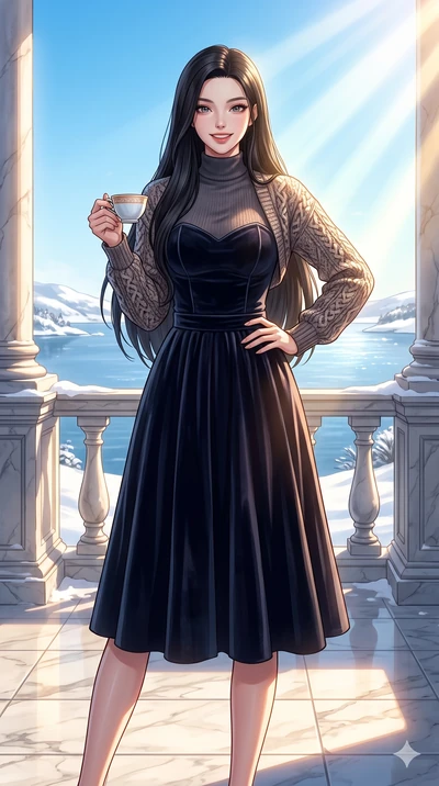 score_9, masterpiece, best quality, ultra-detailed, high-budget anime keyframe, vibrant anime aesthetic, Korean woman. cowboy shot from the thighs up, character and outfit filling the frame for maximum presence. She is standing proud and tall in wint