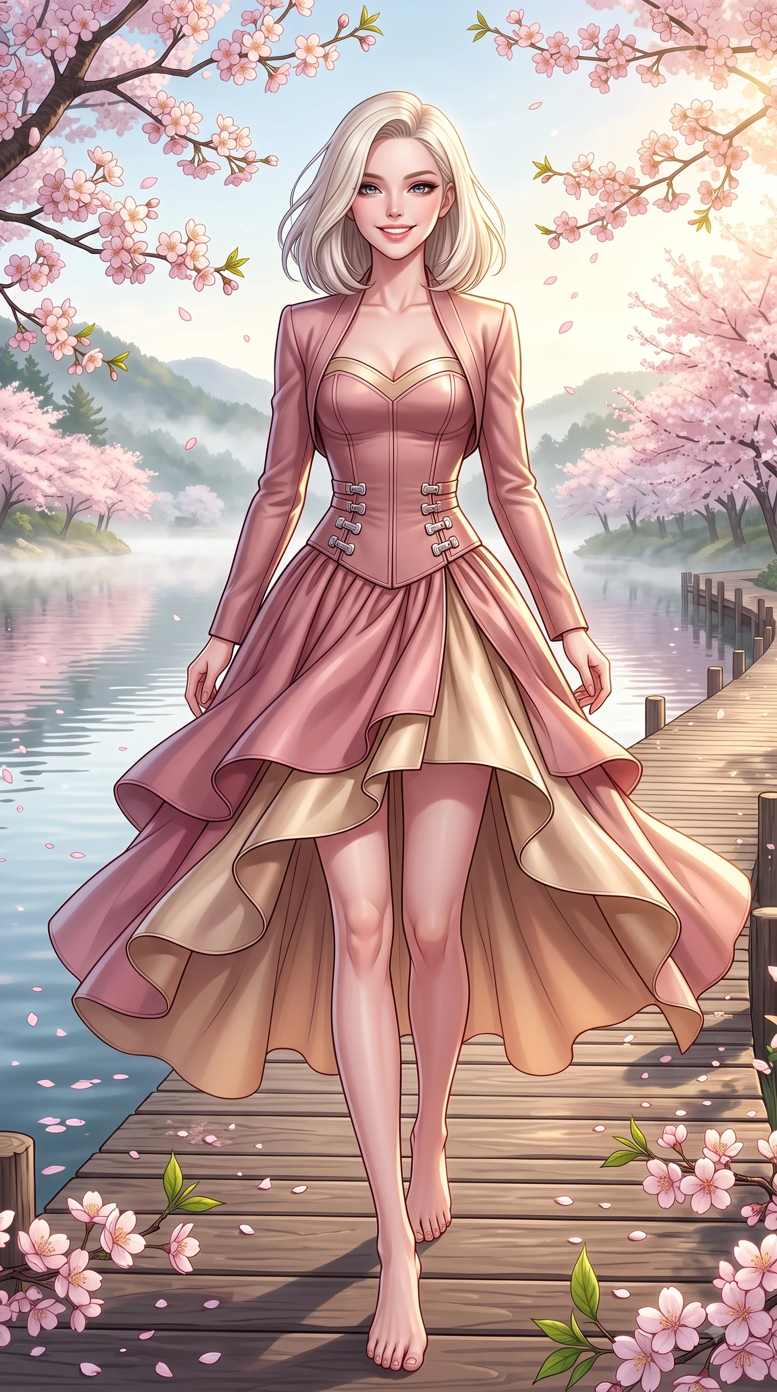 score_9, masterpiece, best quality, ultra-detailed, high-budget anime keyframe, editorial fashion photography, tasteful artistic composition, Caucasian woman. low angle full-body shot from head to toe showing her feet, filling the entire 9:16 vertical frame with her statuesque presence, stretching her vertical silhouette. stepping forward in a proud dynamic stride with a cheerful beaming smile, her vertical silhouette filling the frame while leaping with a beaming happy smile along a wooden lakeside boardwalk lined with sakura trees, morning mist floating gently over the water surface, capturing bright golden light. She has an absolutely perfect, statuesque 8.5-heads proportion, an exceptionally tall and slender model-like female figure with impossibly long slender legs and an ultra-slim waist. sharp v-shaped jawline, high-bridge nose, intricate jewel-like eyes with depth, thick eyelashes, glossy lips with a natural sheen, flawlessly proportioned anatomical accuracy, natural body alignment, perfectly sculpted elegant limbs, clean dynamic posture without body distortion. wearing a modern fusion silk hanbok dress with a structured bodice and flowing skirt in dusty rose and champagne gold, formed from sleek second-skin neoprene, detailed with polished silver buckles along the waistline, the tailored fabric tightly following every curve of her athletic build. surrounded by a serene, uplifting spring aura with cheerful highlights. highly saturated vibrant anime colors, detailed shading with soft gradients, rich glossy textures, high-contrast stereoscopic depth, volumetric dynamic lighting, master piece, 9:16 ratio